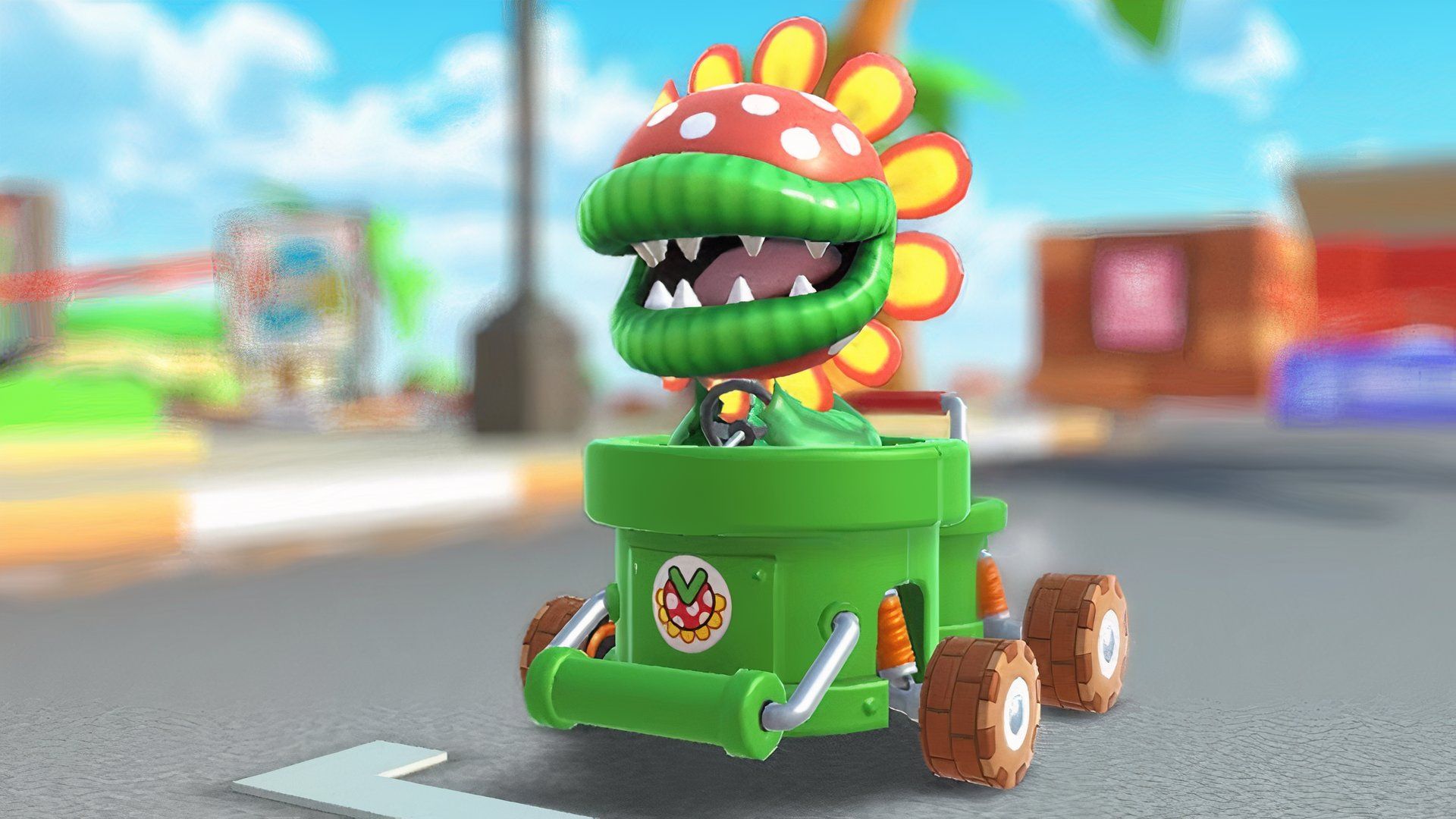 Petey Piranha drives a Warp Pipe-themed Kart in Mario Kart Tour.