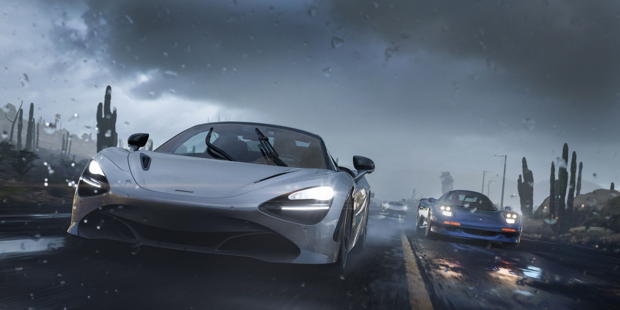 Cars in Forza Horizon 5 driving in the rain.