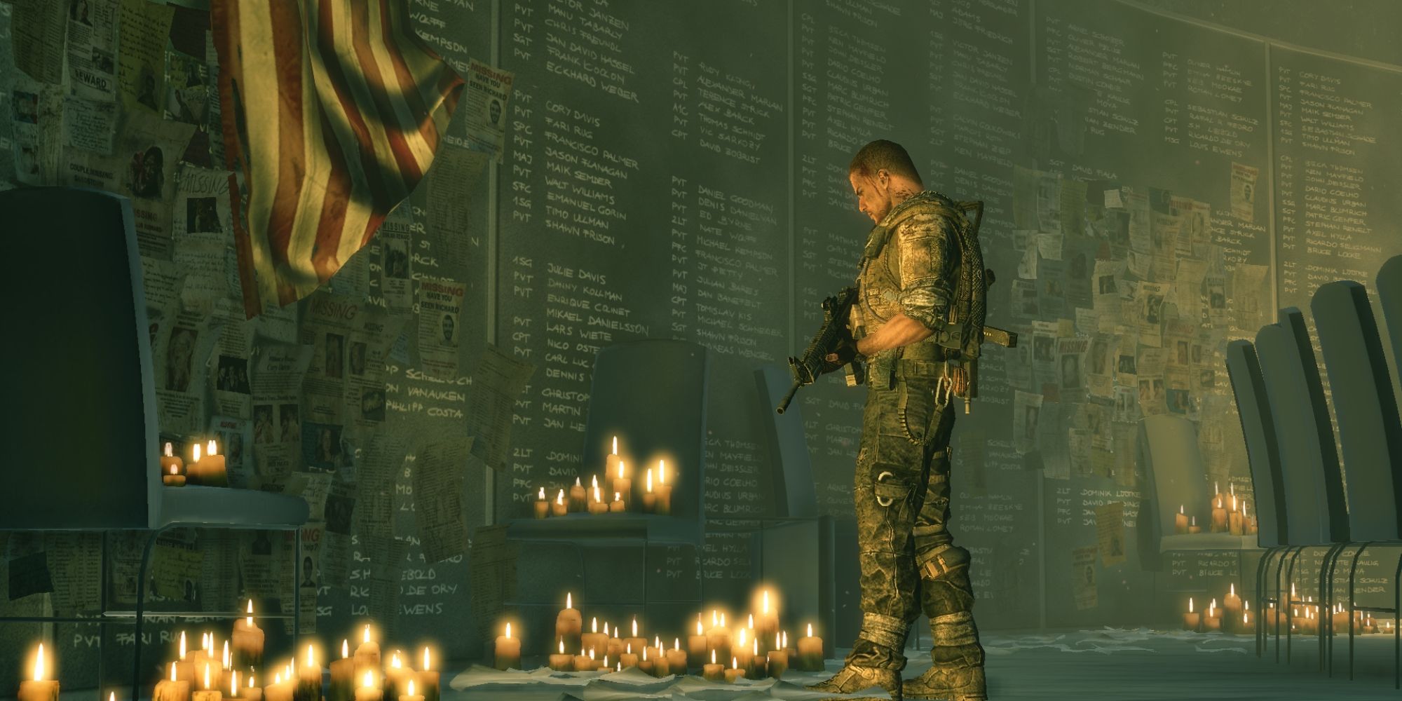 Captain Martin Walker from Spec Ops: The Line faces a memorial wall with lit candles carrying his gun.