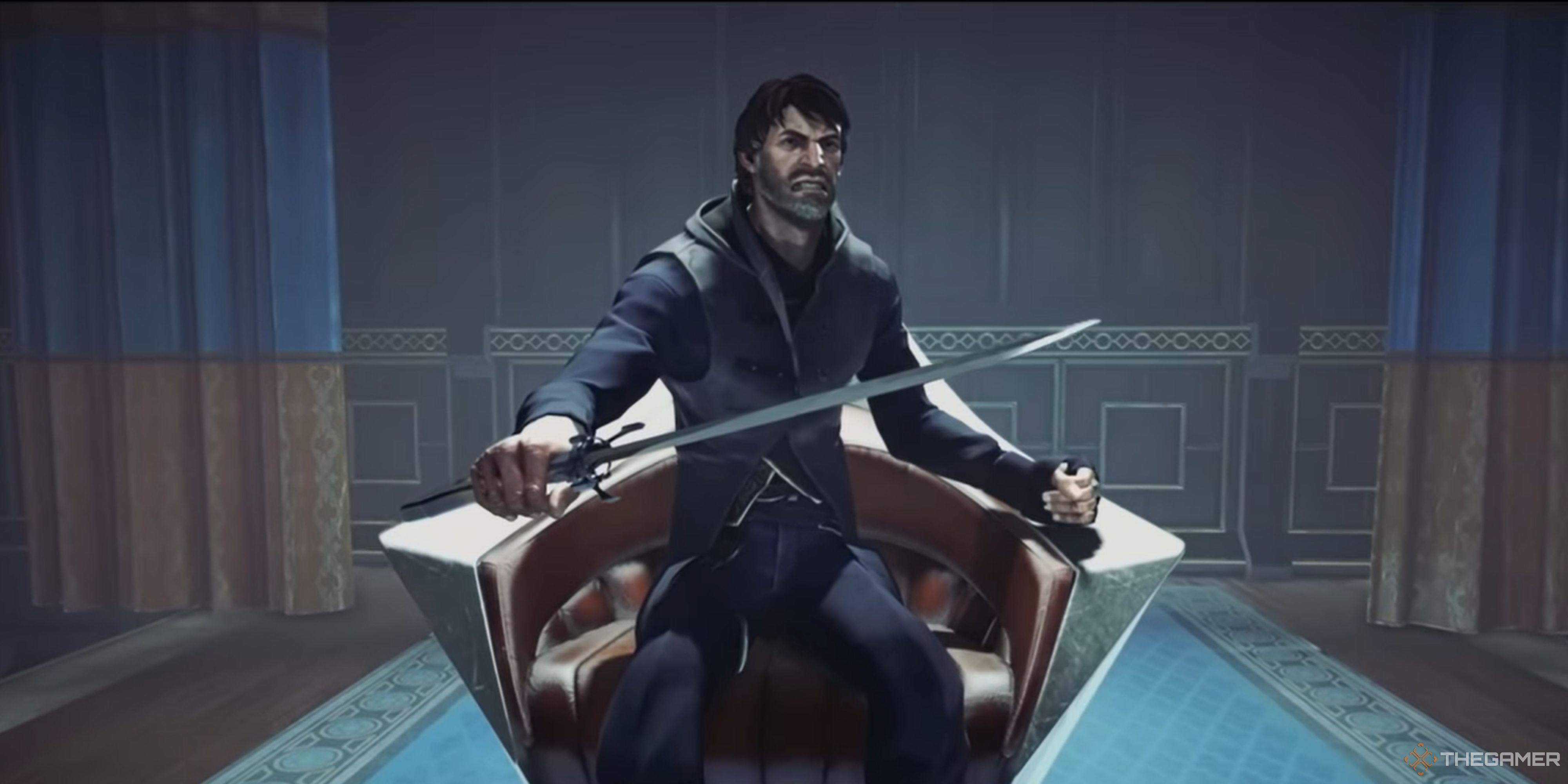 Corvo the Black sits on the throne, sword in hand in Dishonored 2.