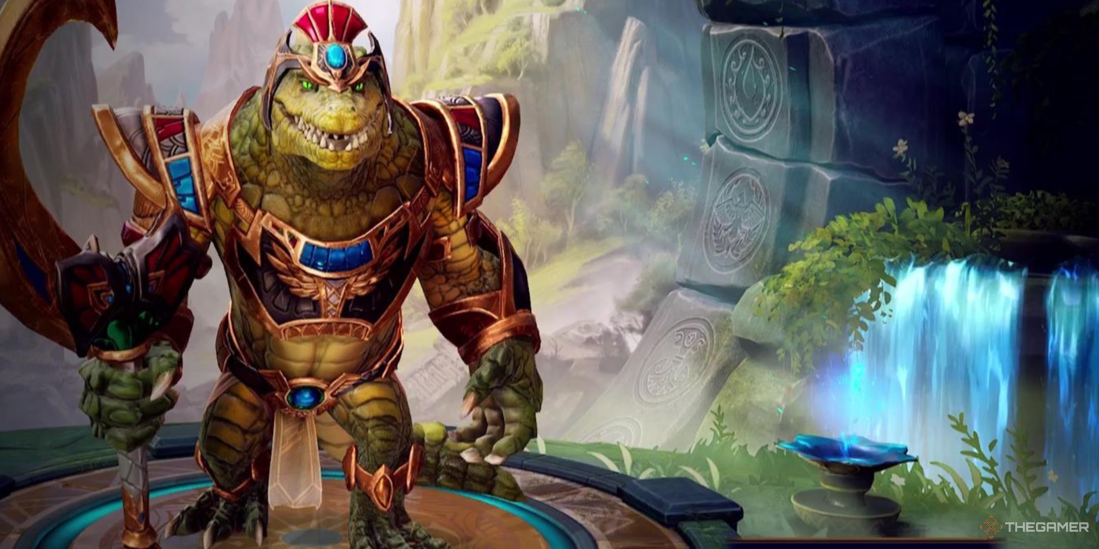 Sobek stands on a stone pedestal in Smite 2.