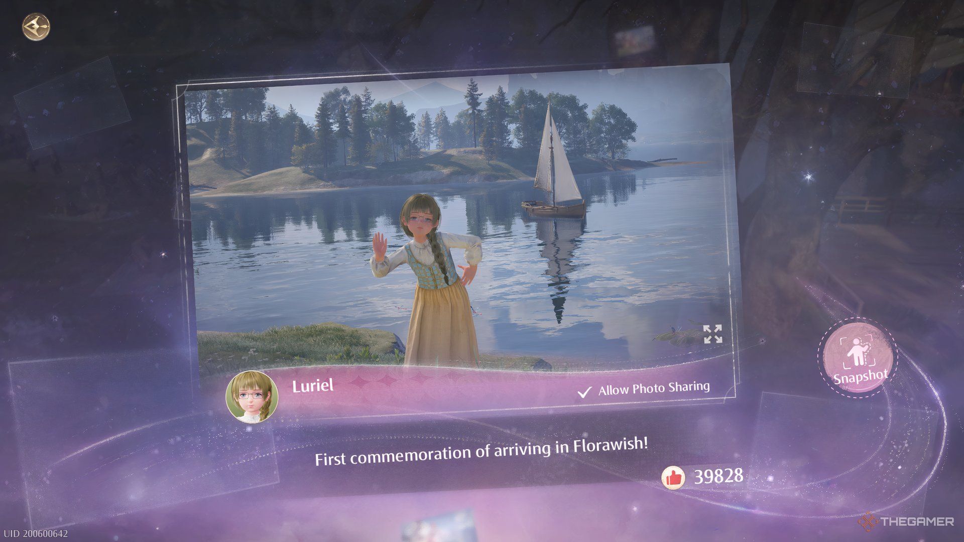 Luriel's snapshot is shown in Infinity Nikki titled First Commemoration of arriving in Florawish. 