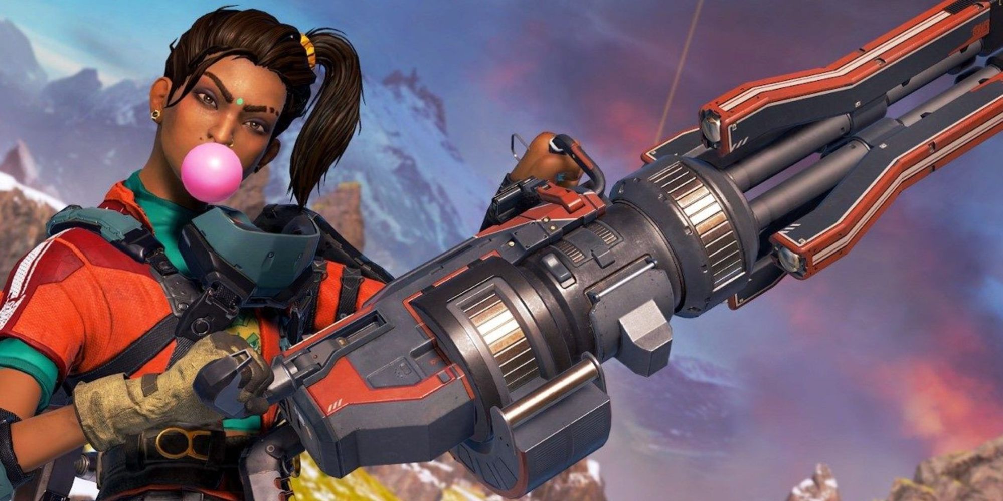 Apex Legends - Rampart Holds her minigun Sheila while blowing a bubble with pink gum