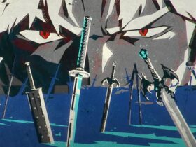 Screenshot shows Dante in anime adaptation of Devil May Cry glaring with swords in the foreground.