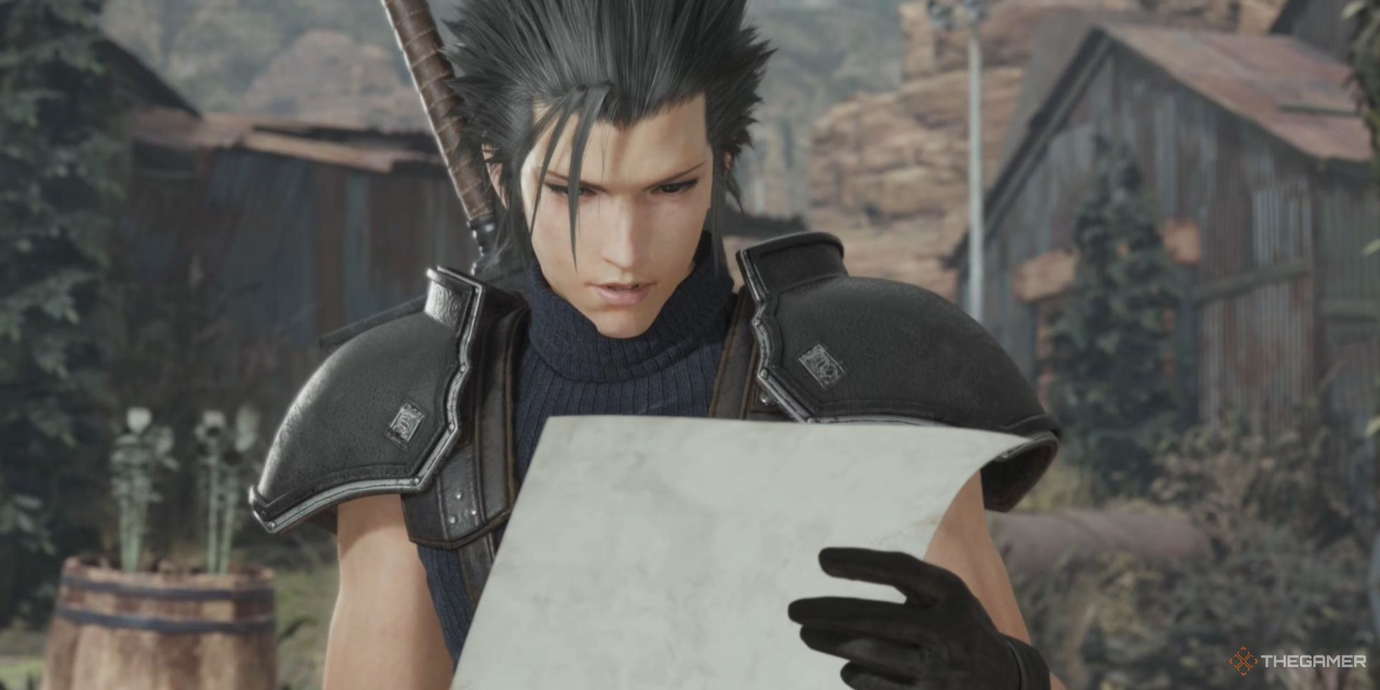 An image of Zack Fair reading a flyer in Final Fantasy 7 Rebirth