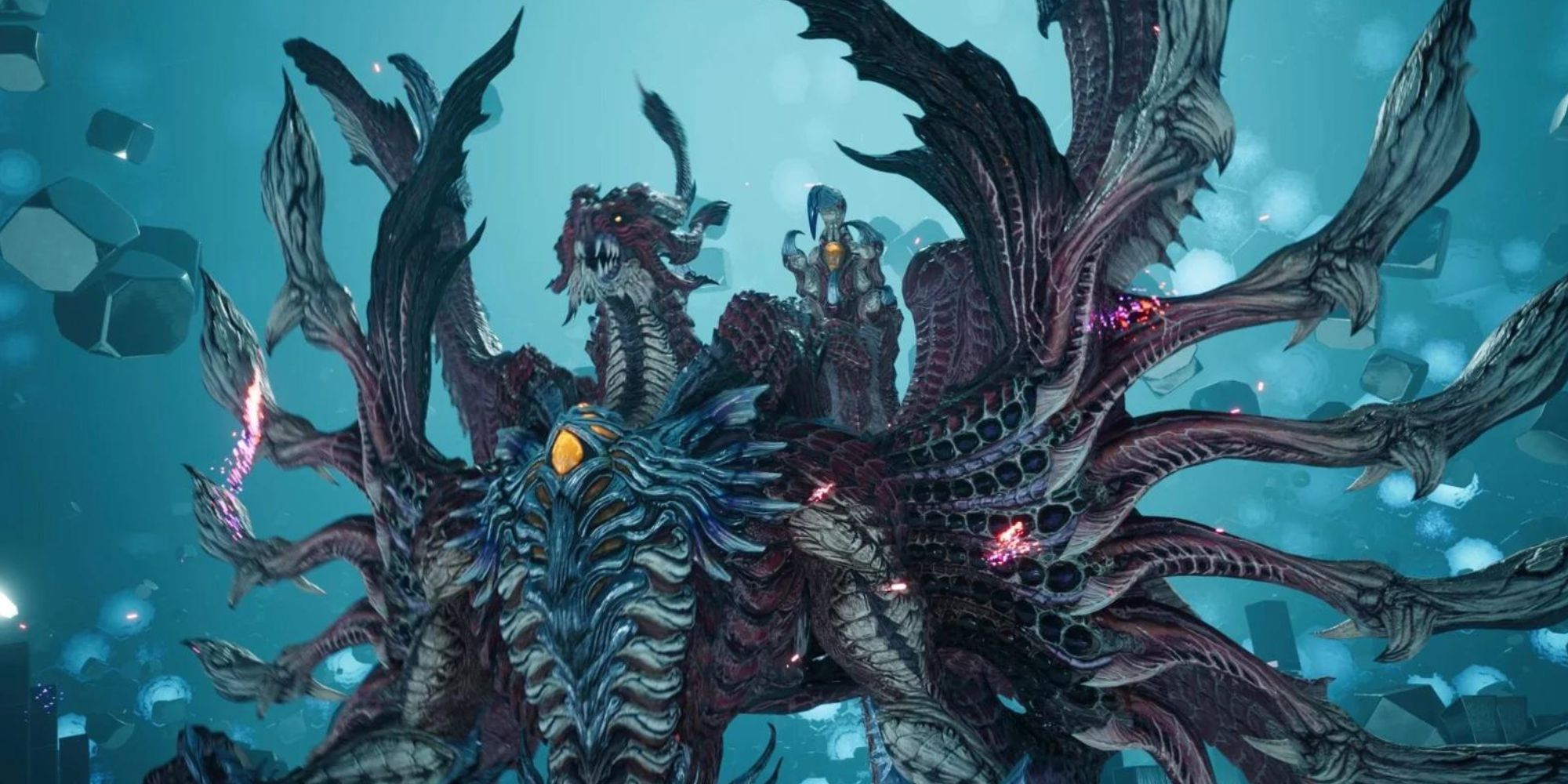 Bahamut Arisen from Final Fantasy 7 Rebirth, a red dragon with spread finned wings.