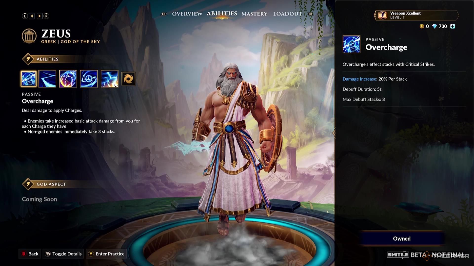 Zeus' Overcharge ability description in Smite 2.