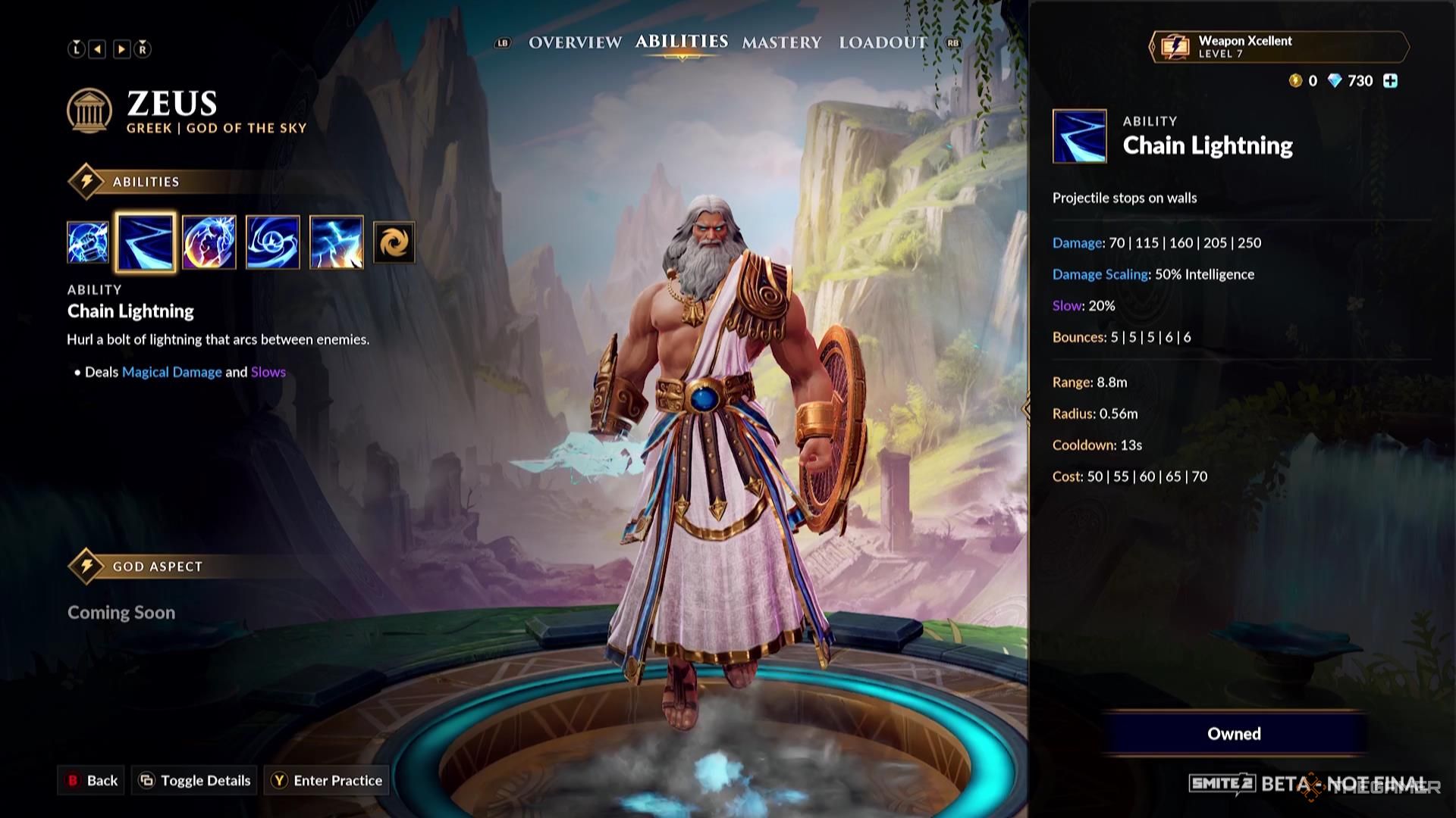 Zeus' Chain Lightning ability description in Smite 2.