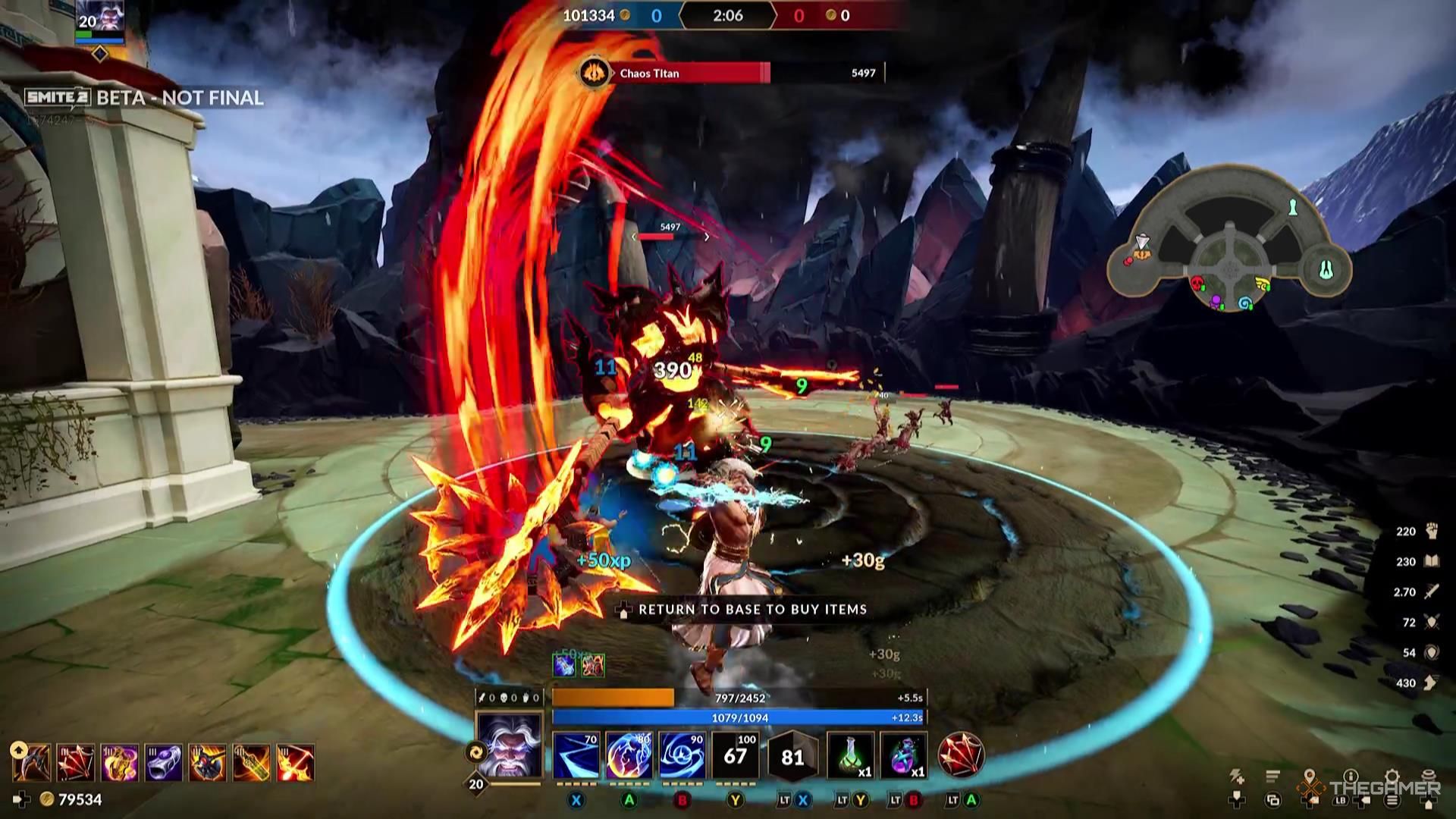 Zeus Lightning Storm deals great damage to an enemy Titan in Smite 2.