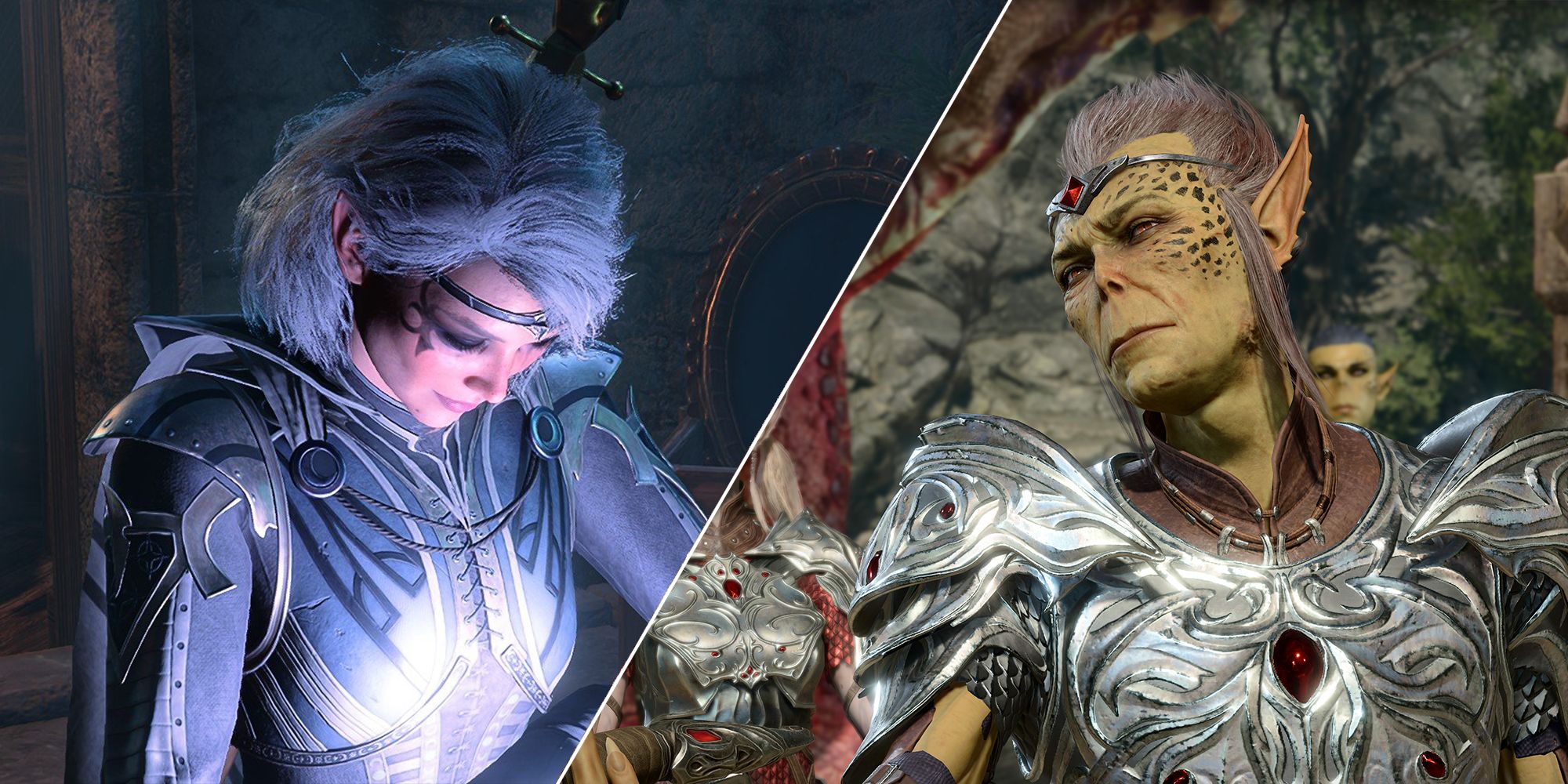 Split image of Isobel, the female white haired priestess, and Voss, a male githyanki warrior