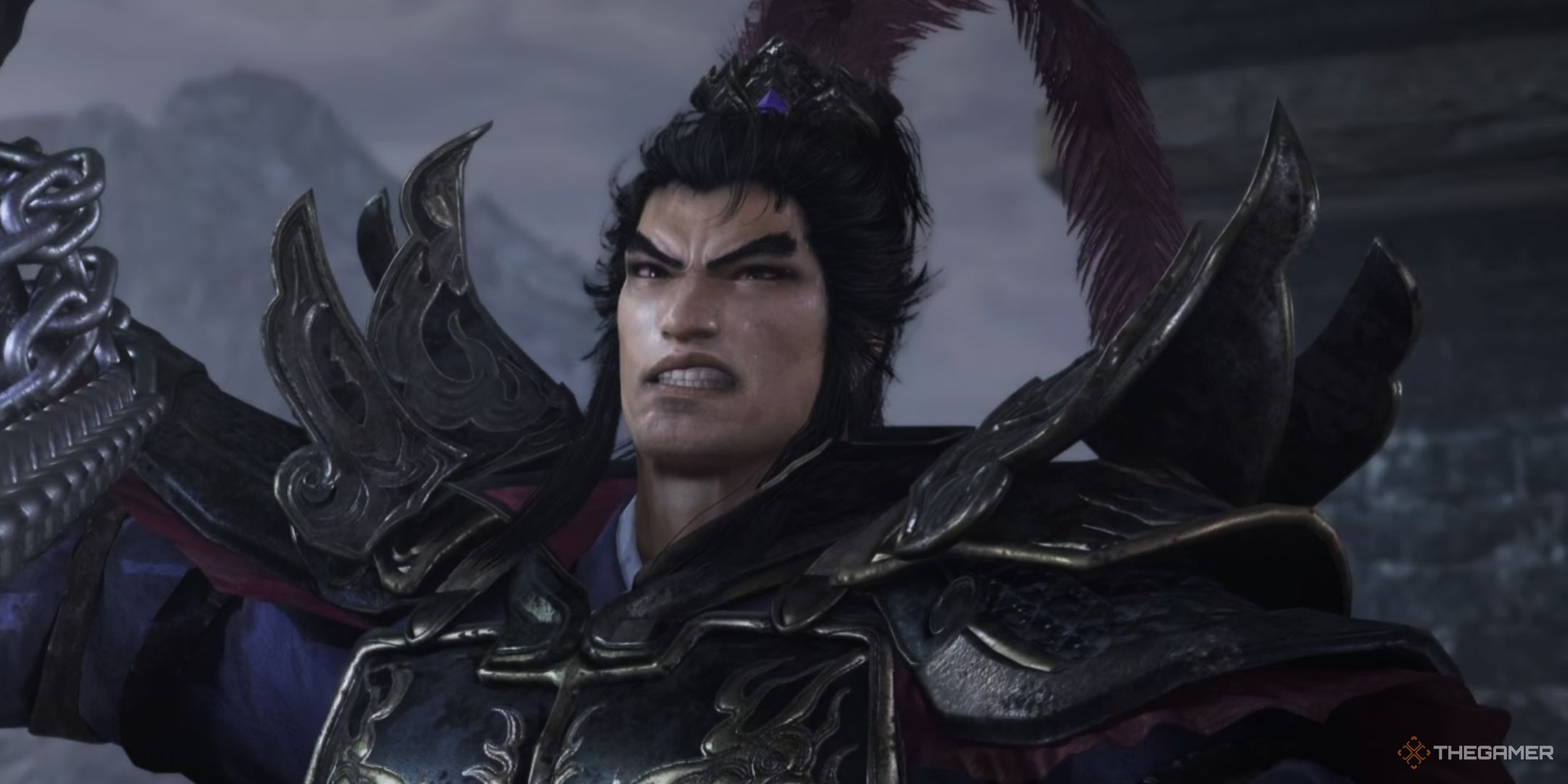 Lu Bu sneering in defiance in Dynasty Warriors: Origins.