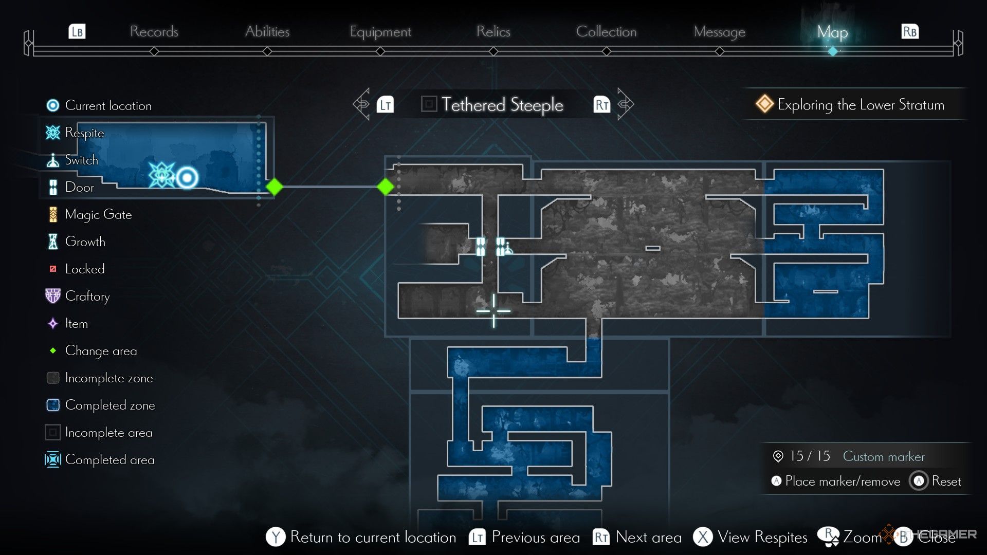 The image shows the map showing complete and incomplete zones in the Tethered Steeple area of Ender Magnolia: Bloom In The Mist.