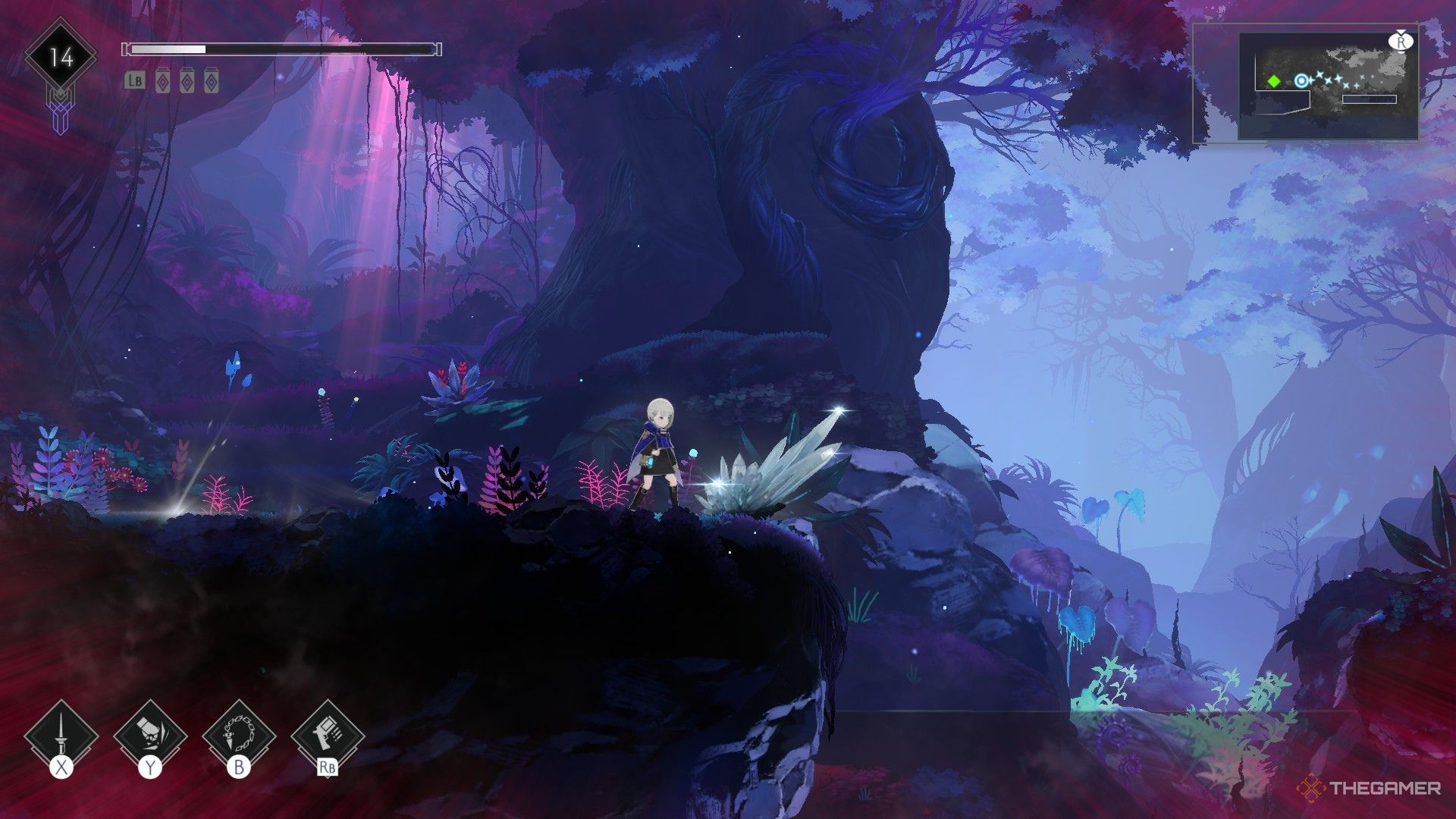 The image shows Lilac standing in front of a breakable crystal in the Crimson Forest area in Ender Magnolia: Bloom In The Mist.