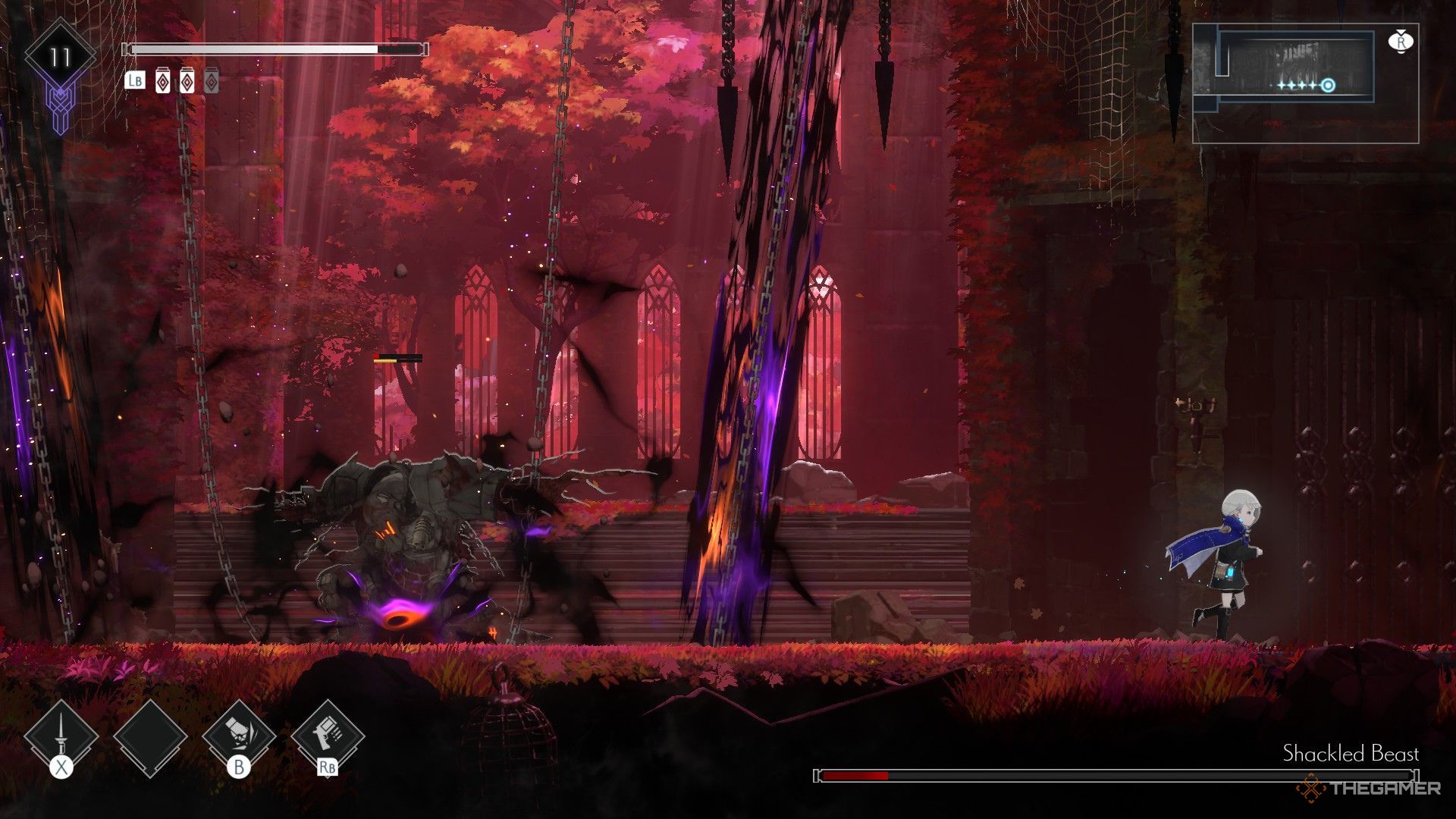 The image shows the Shackled Beast using a wide-area attack during its last phase in Ender Magnolia: Bloom In The Mist.