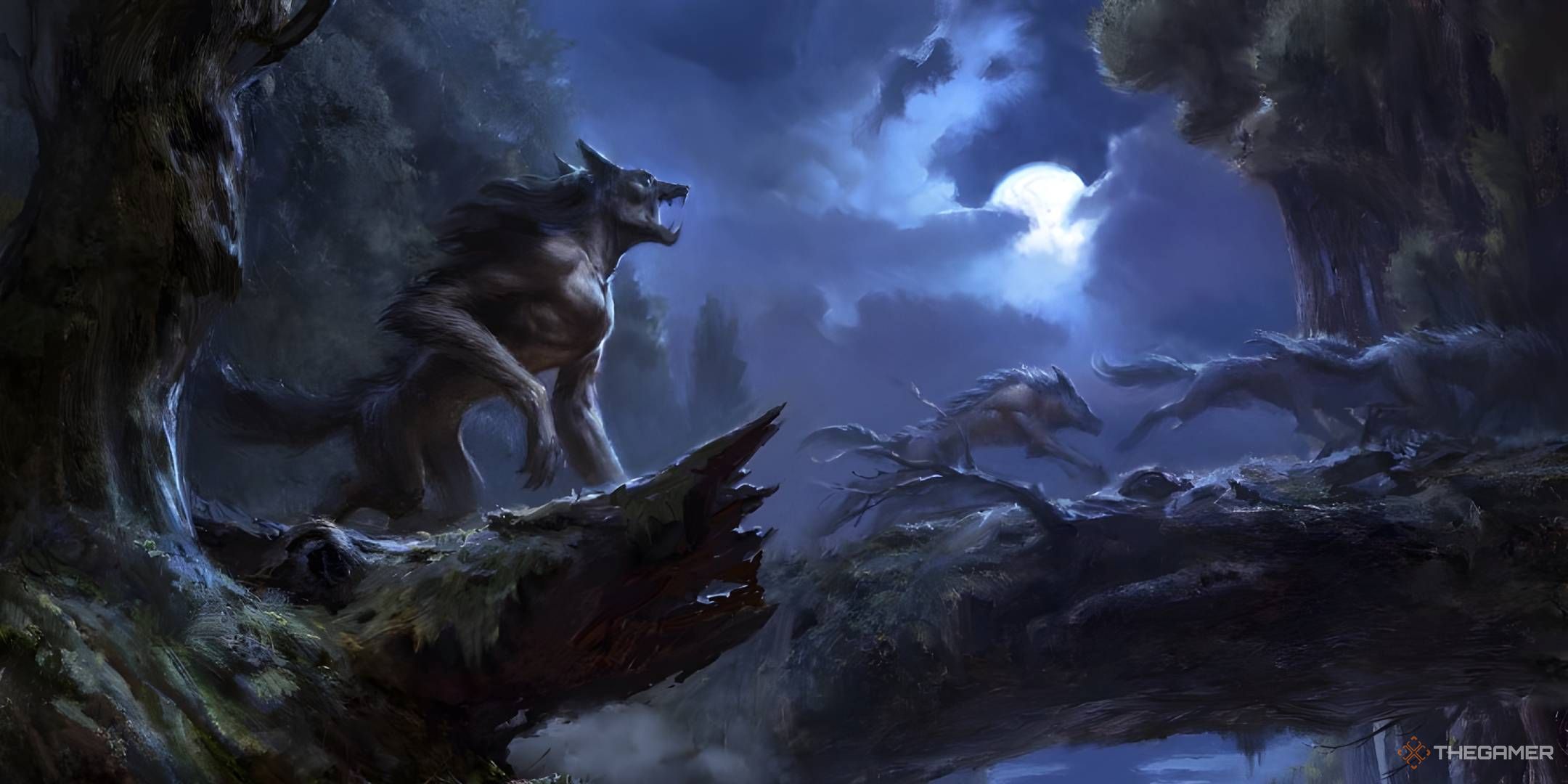 A Werewolf howls at a full moon as shadows cross it. In the background, three more werewolves cross a gorge by running along a fallen tree.