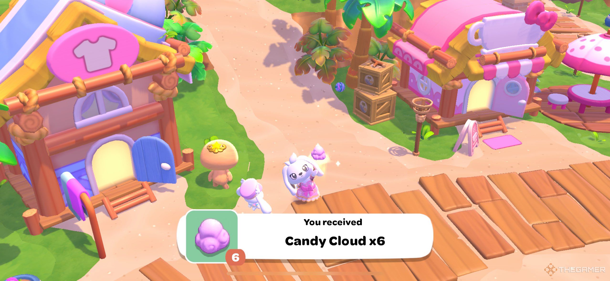 A giving receiving Candy Clouds from Cinnamoroll in Hello Kitty Island Adventure.