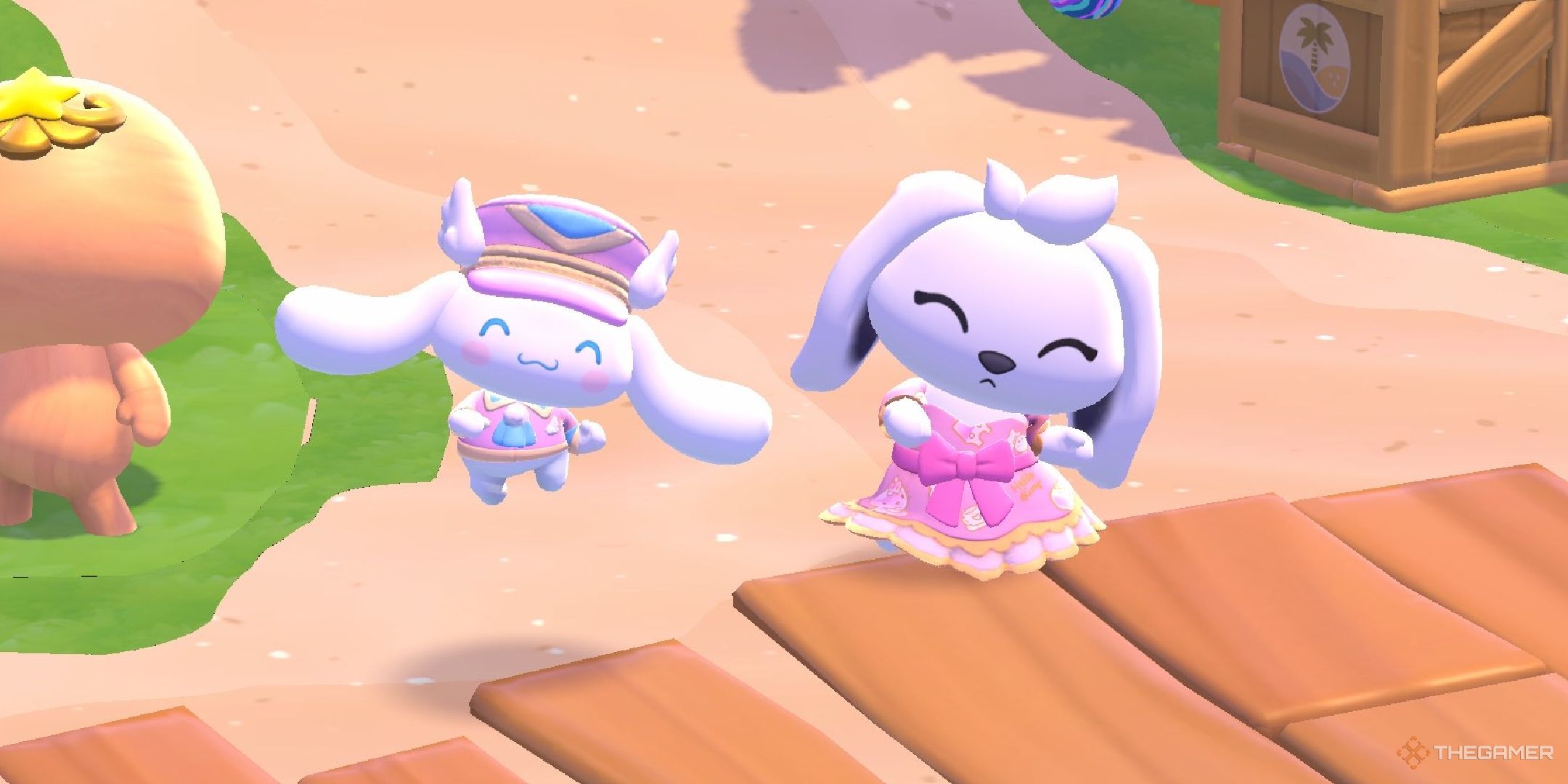 Cinnamoroll and a player posing together in Hello Kitty Island Adventure.