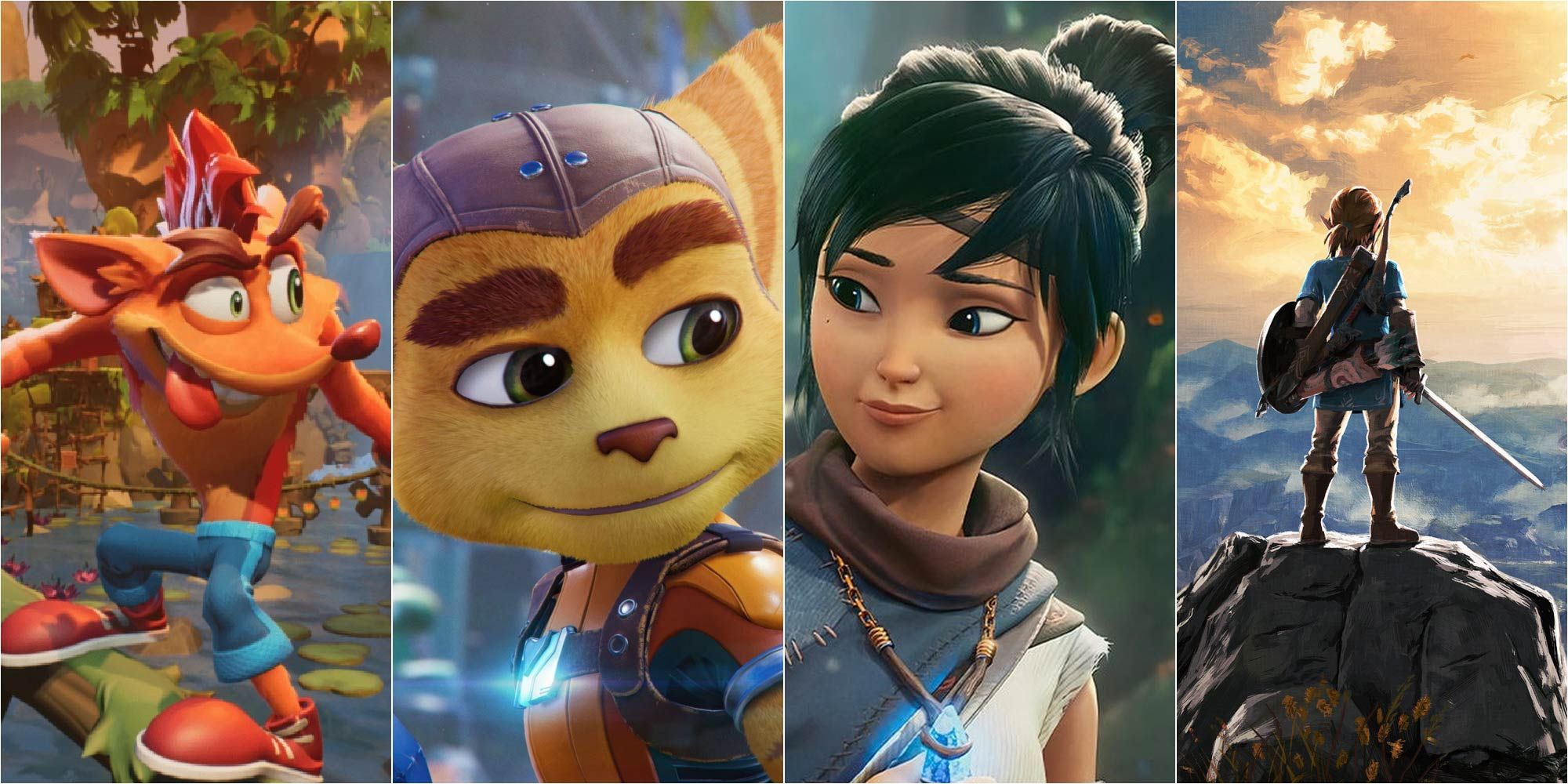 Crash from Crash Bandicoot 4: It's About Time, Ratchet from Ratchet and Clank: Rift Apart, Kena from Kena: Bridge of Spirits and Link from the Legend of Zelda: Breath of the Wild