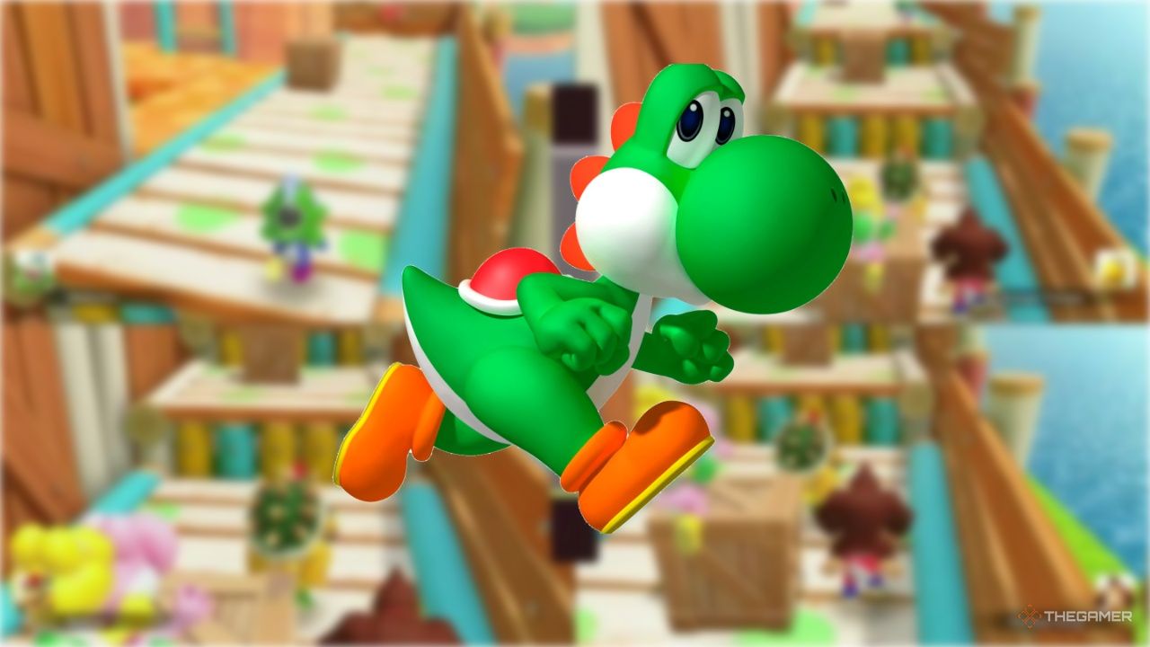 Yoshi in front of his blurred minigame in Mario Party Jamboree.