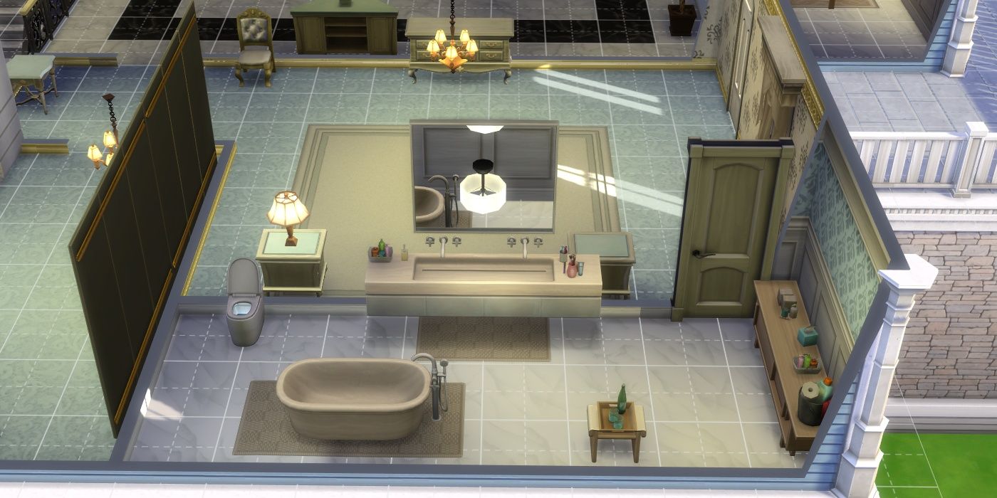 Image of a bathroom with furniture using Felixandre's SOHO Part 1 mod for The Sims 4.