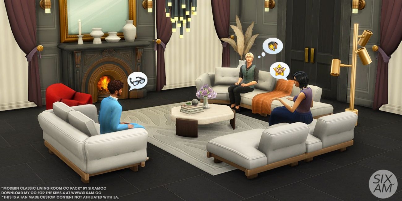 Image of three Sims sitting in a living room with furniture from Sixam.CC's Modern Classic Living Room Mod for The Sims 4.