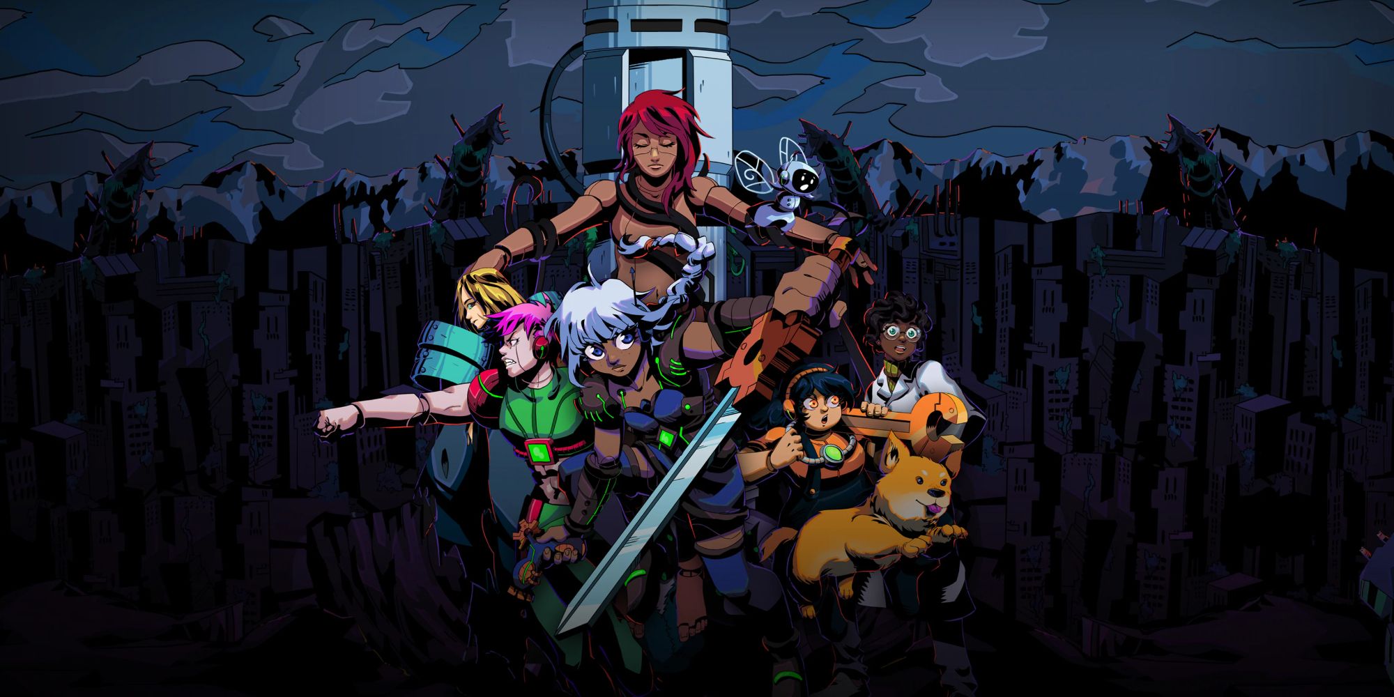 Key Art for Unsighted, showcasing the game's cast of characters in a huddle.