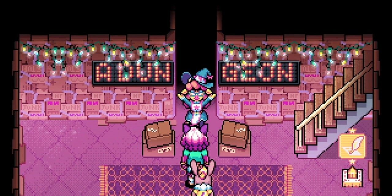 Claire Higsby standing in front of A Dungeon sign in Super Lesbian Animal RPG.