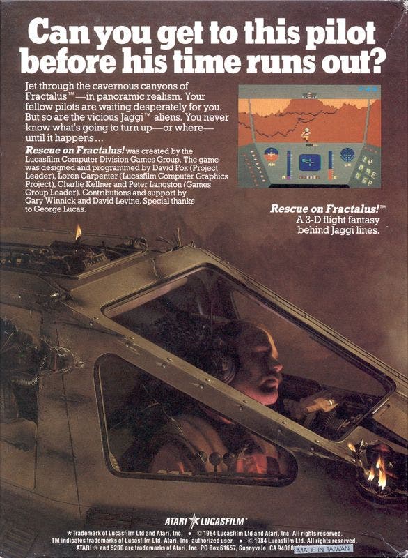 The back cover of the Rescue on Fractalus box, showing a fainted man inside a spacecraft cockpit.