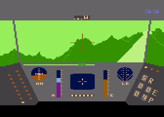 A screenshot from the Atari 8-Bit version of Rescue on Fractalus, where the weapons installation fires on the ship.