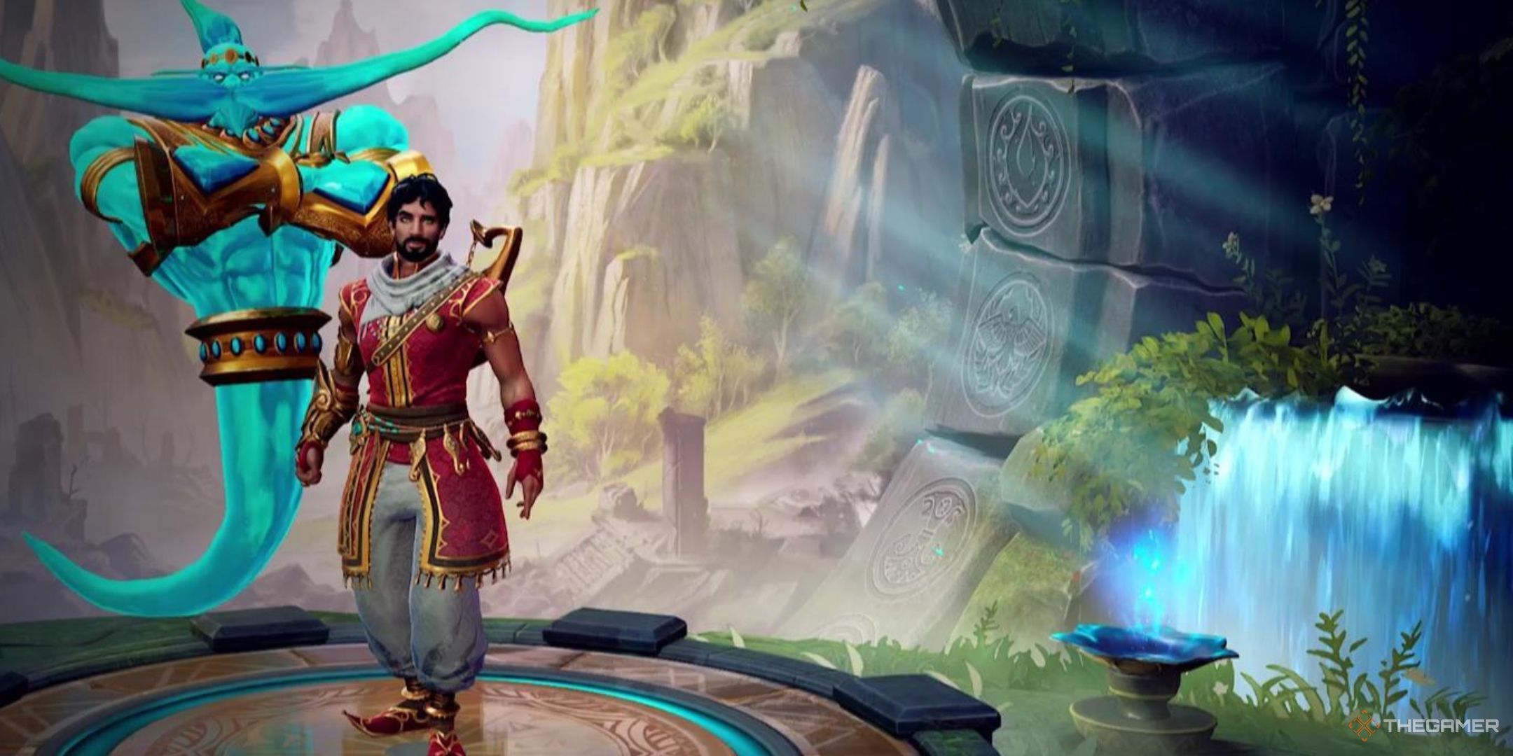 Aladdin and his Genie are on a pedestal in Smite 2.