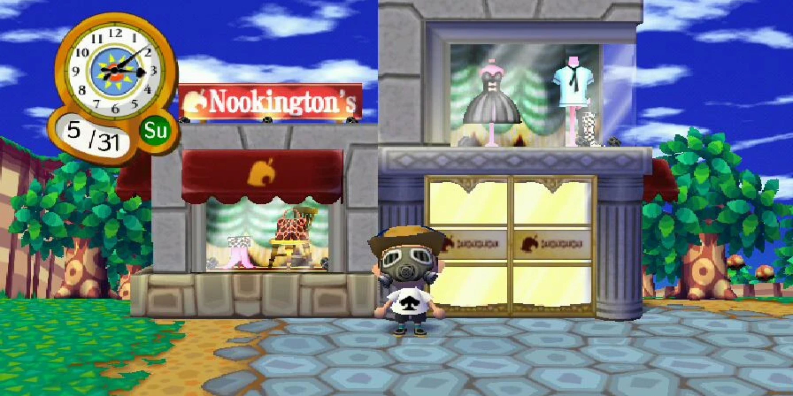 A Villager stands outside Nookington's in Animal Crossing Wild World.