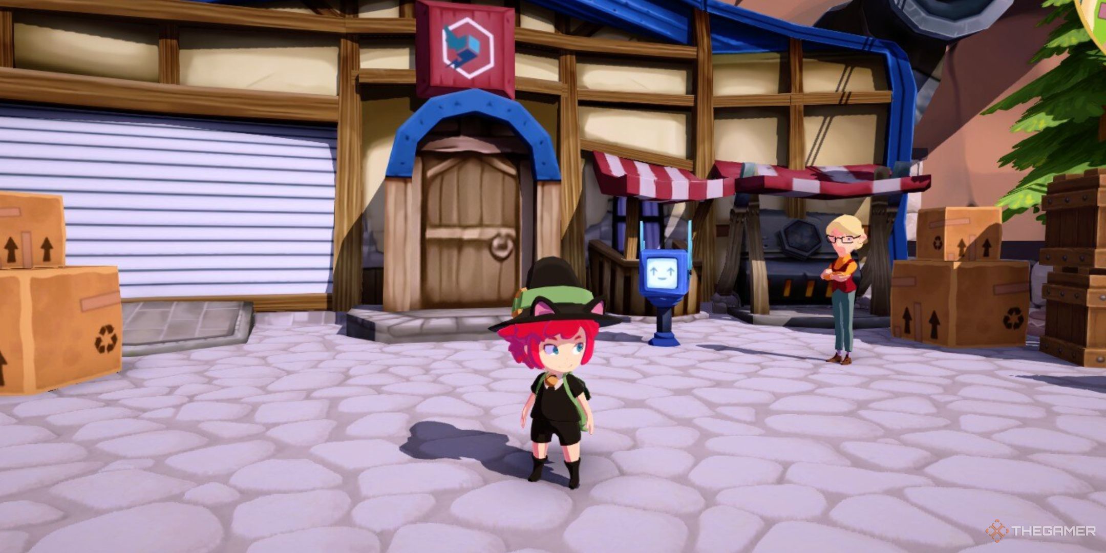 Mika wearing the Black Cat Outfit and standing in front of Amazing Deliveries in Mika and the Witch's Mountain.