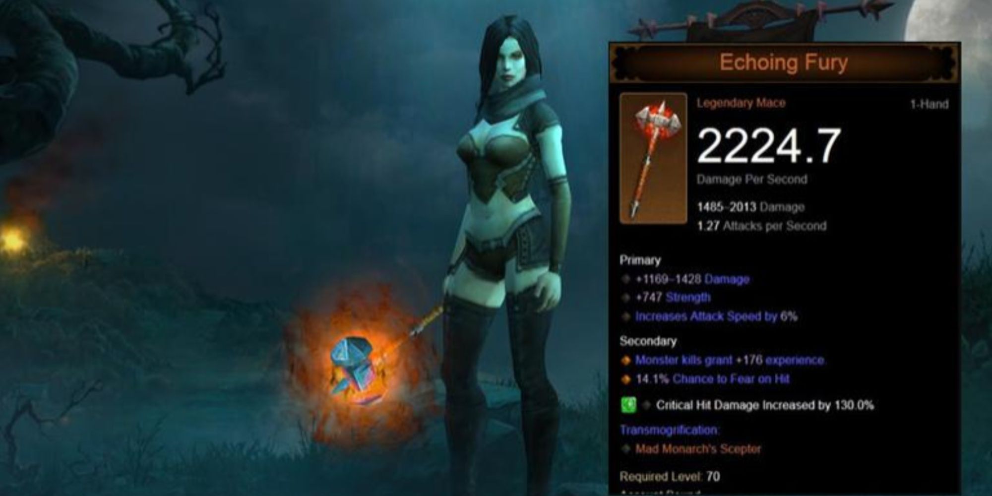 Image of Playable Character Holding Echoing Fury Mace from Diablo 3. 