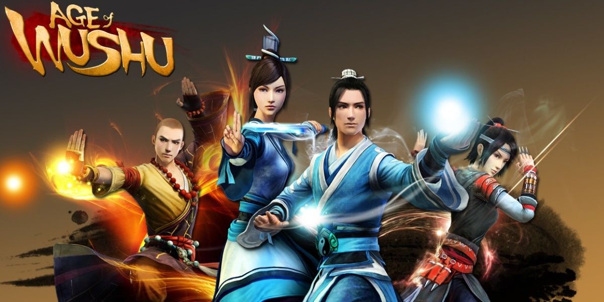 Image of the title art of Age of Wushu displaying multiple characters from the game. 