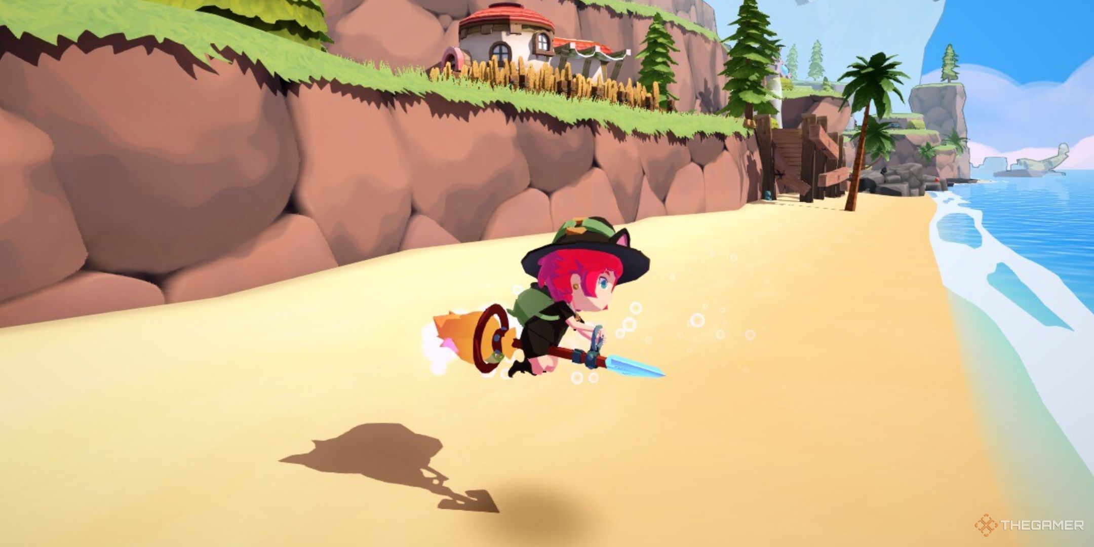 Flying the Witch's Broom On The Beach in Mika And The Witch's Mountain. 