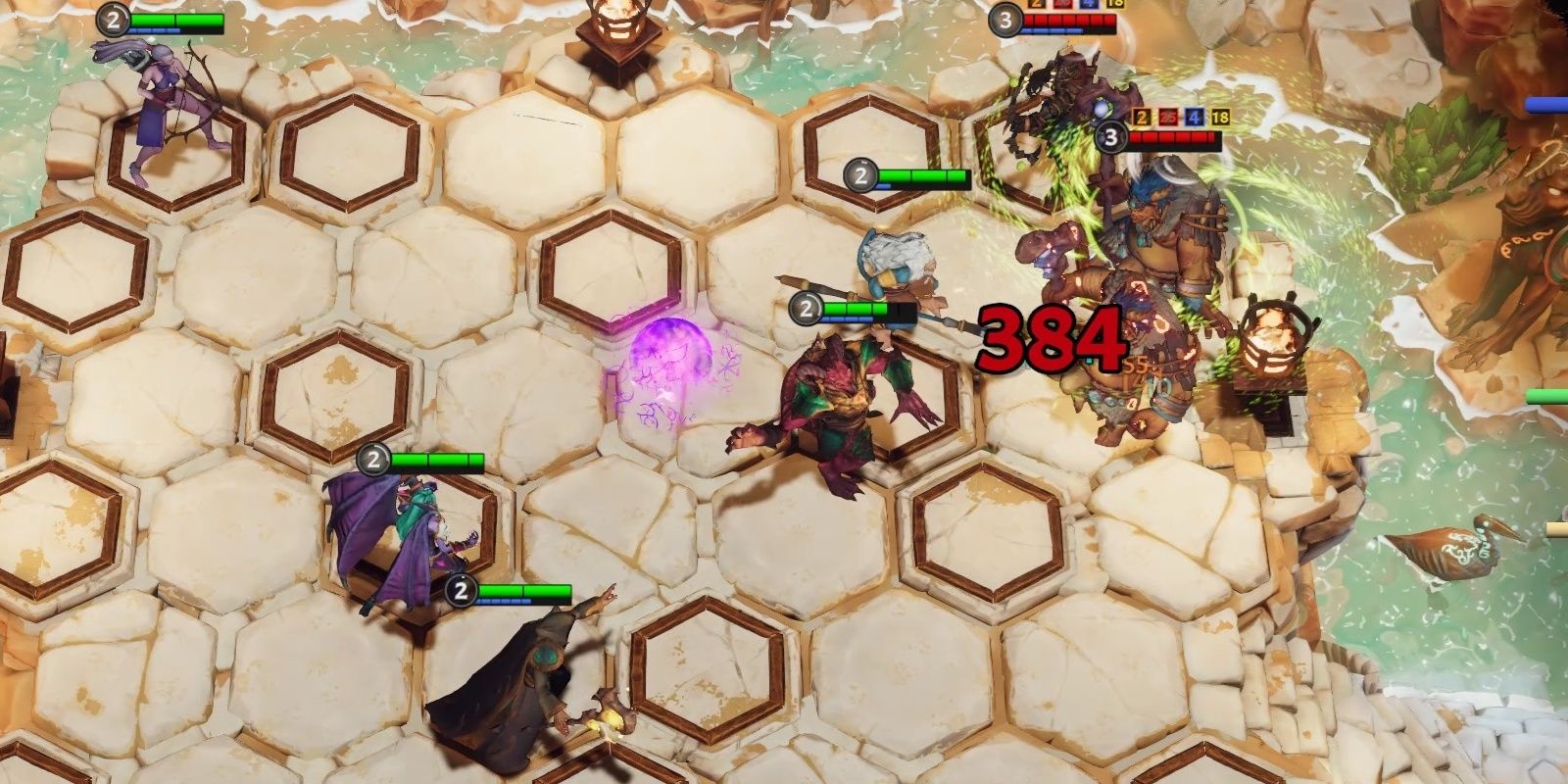 A hex board with friendly units (green bars) fighting some cornered enemies (red bars). On the bottom left is a winged woman with green hair, having just sent out a purple orb (center of the screen) in The Last Flame.