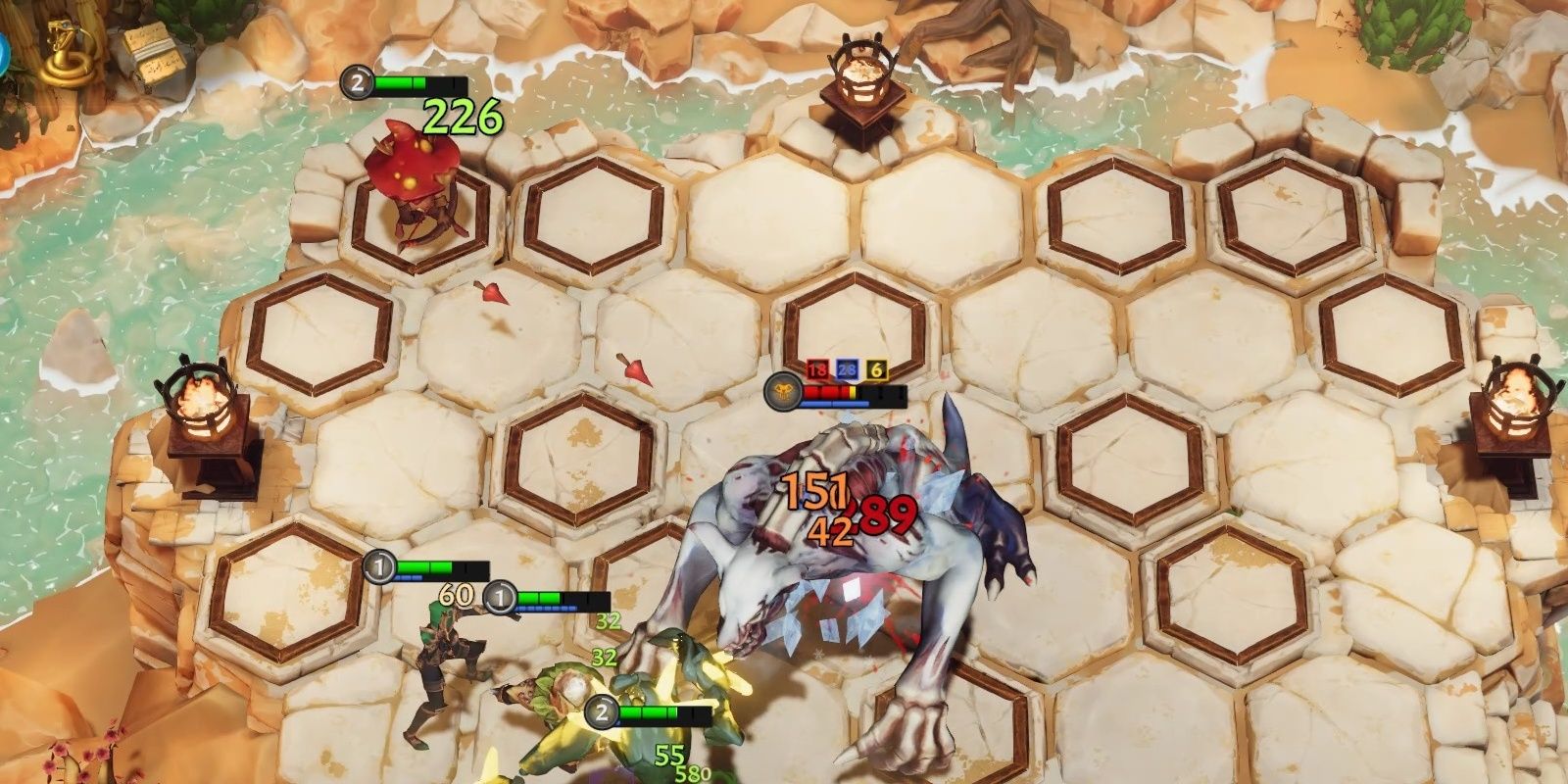 A close up of a hex board. A red mushroom man fires some arrows (upper left) at a big demon dog monster. On the bottom left, friendly units join the fight in The Last Flame.