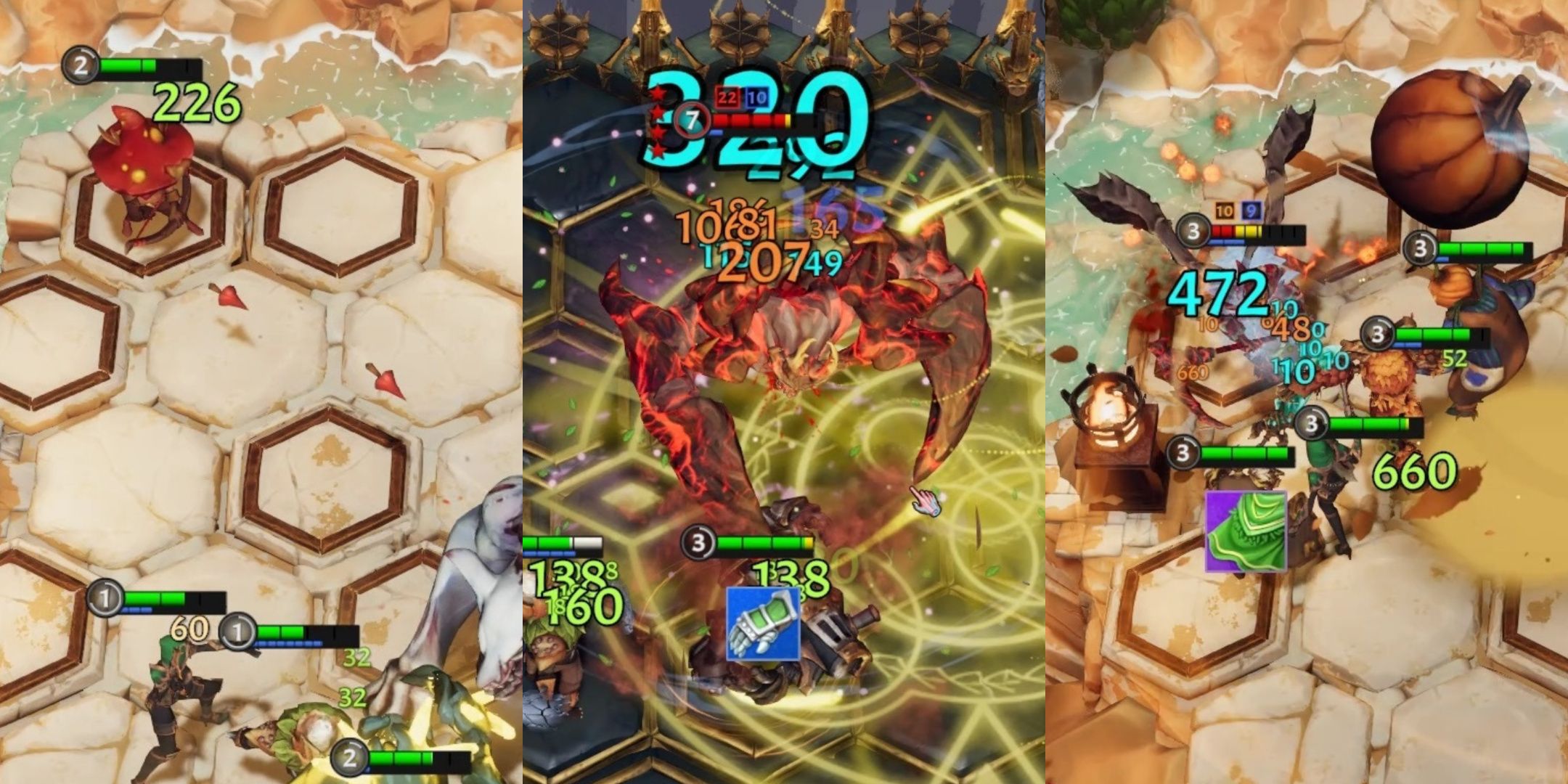 Left to right: A red mushroom man fires arrows to the right, a giant rock creature crackles red while on top of a golden array of light, a pumpkin heading towards a group of units in The Last Flame.