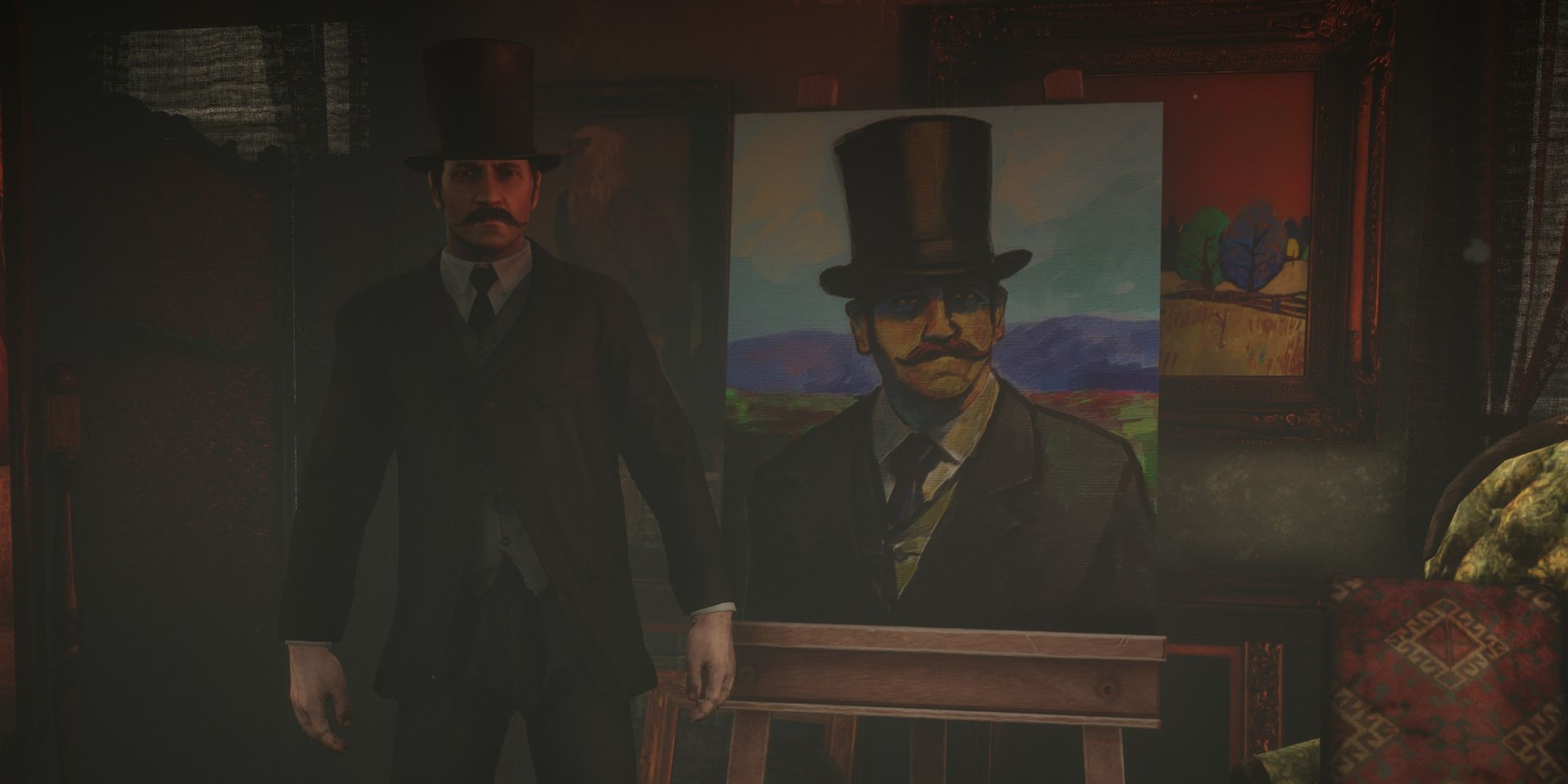 the strange man stands with his portrait