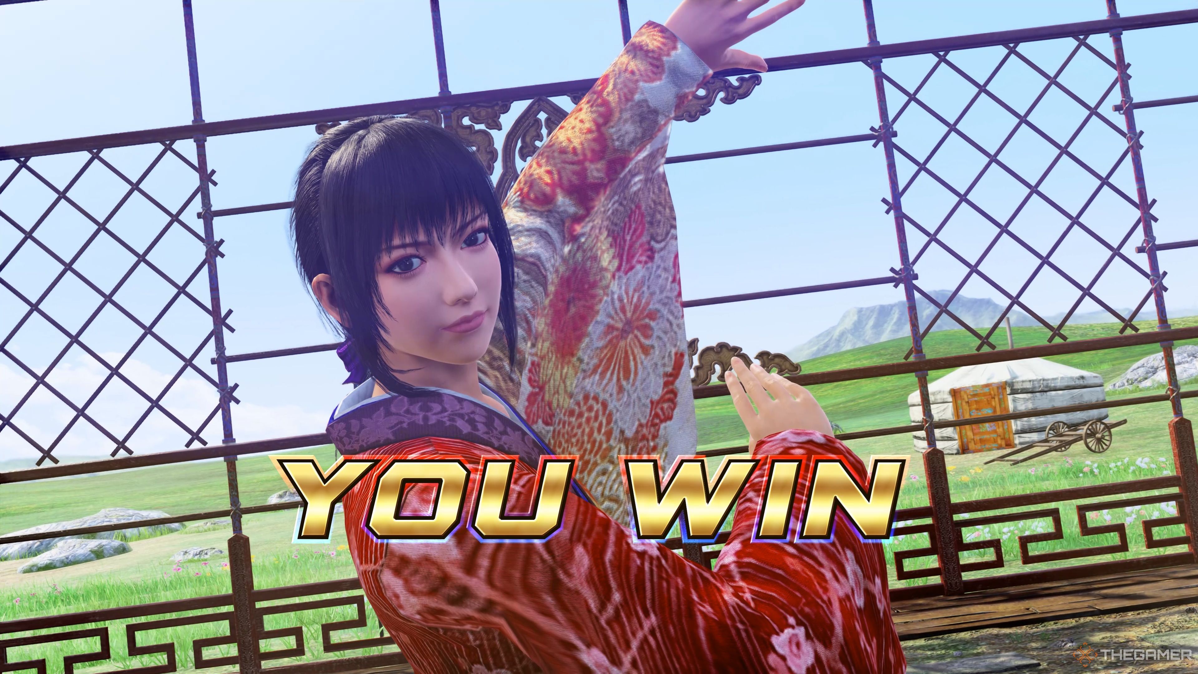 Aoi's victory screen in in Virtua Fighter 5 Revo.