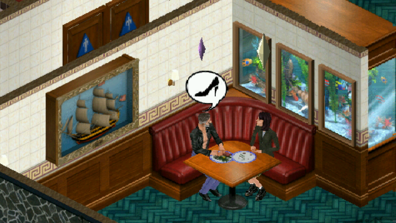 The sims couple goes out on a fancy date. Fish watch as they discuss shoes, apparently.