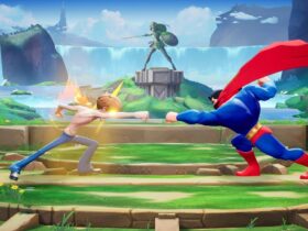 A screenshot showing Shaggy from Scooby Doo and Superman fighting in MultiVersus.