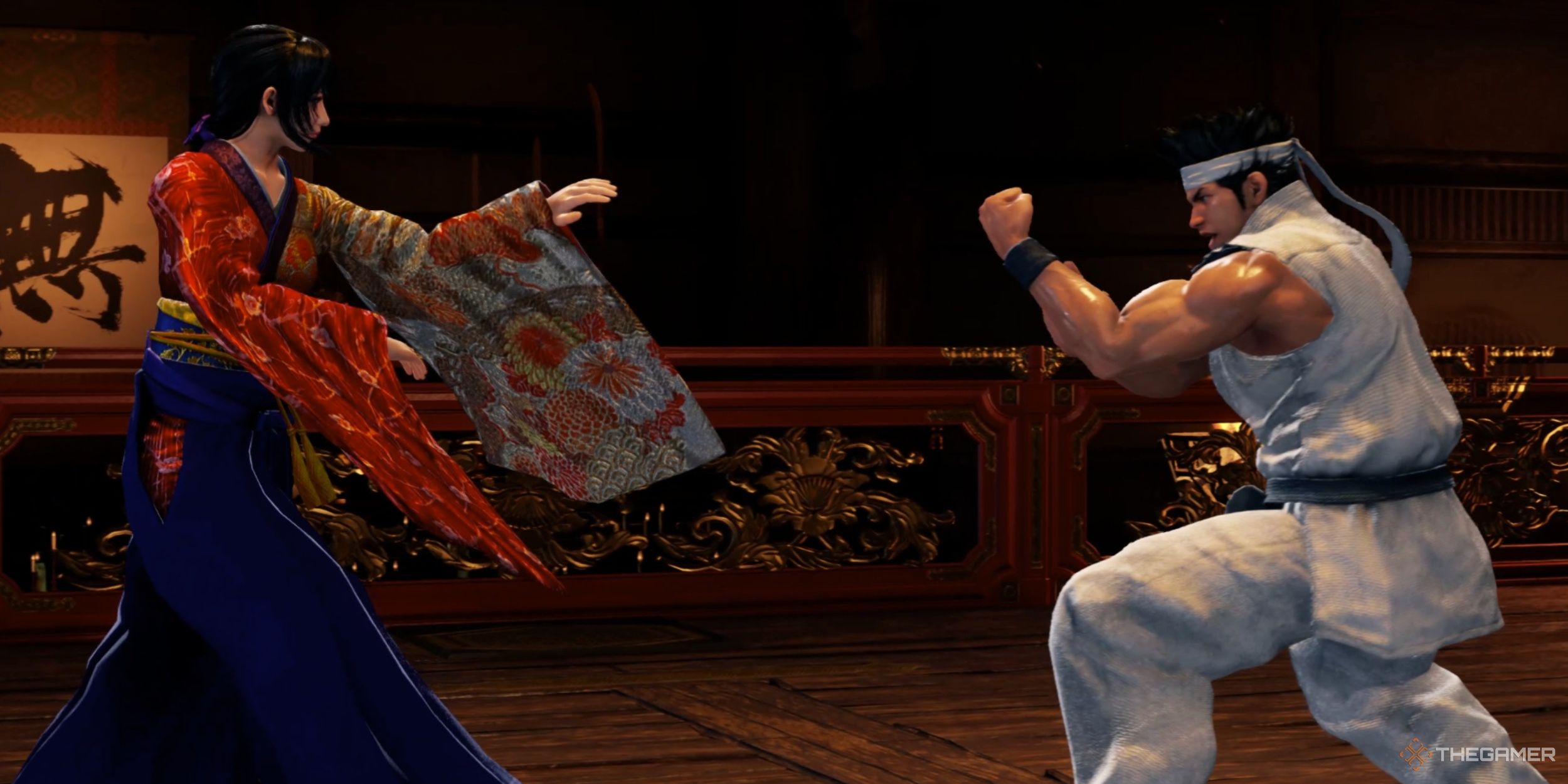 Aoi squaring off against Akira in Virtua Fighter 5 Revo.