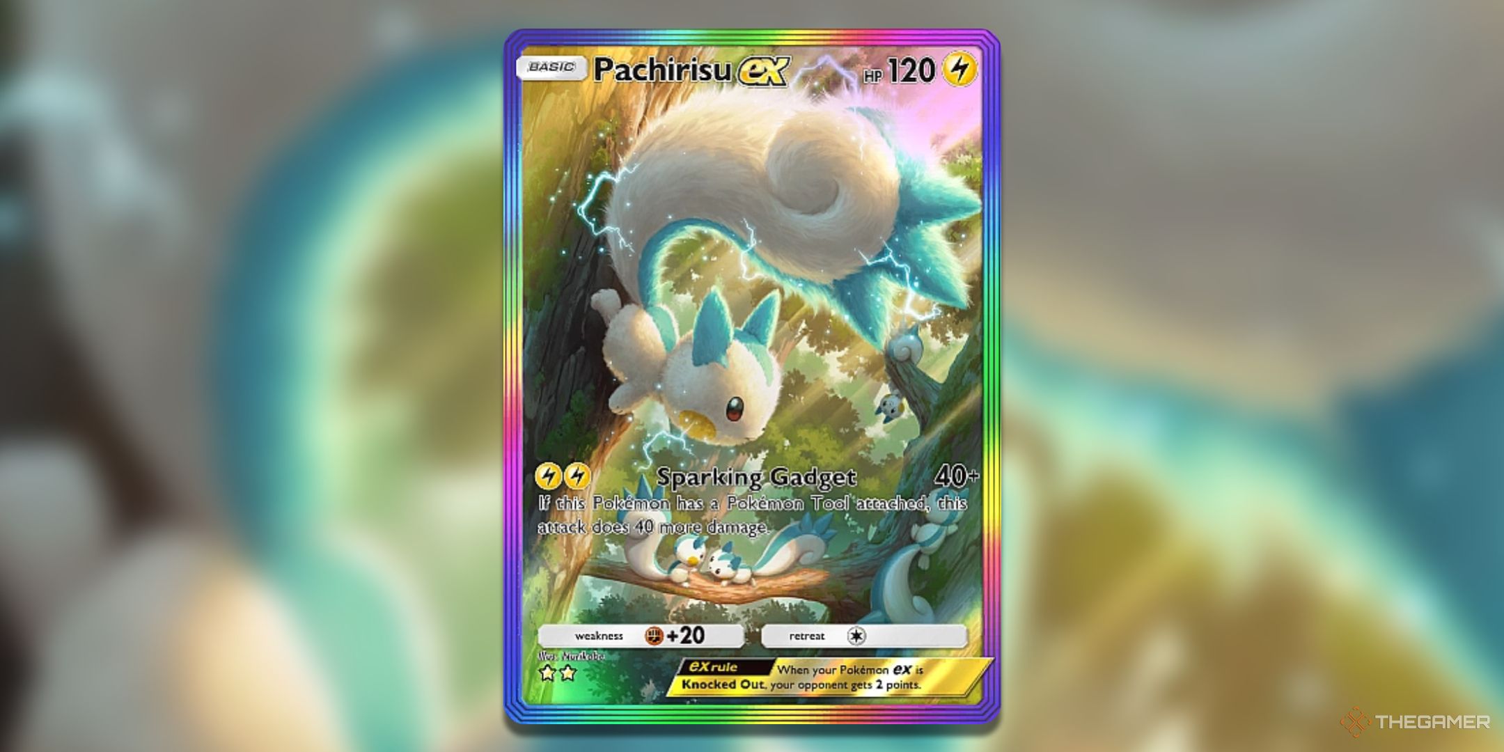 Rainbow Border Pachirisu ex Pokemon TCG Pocket Space Time Smackdown Card Art.