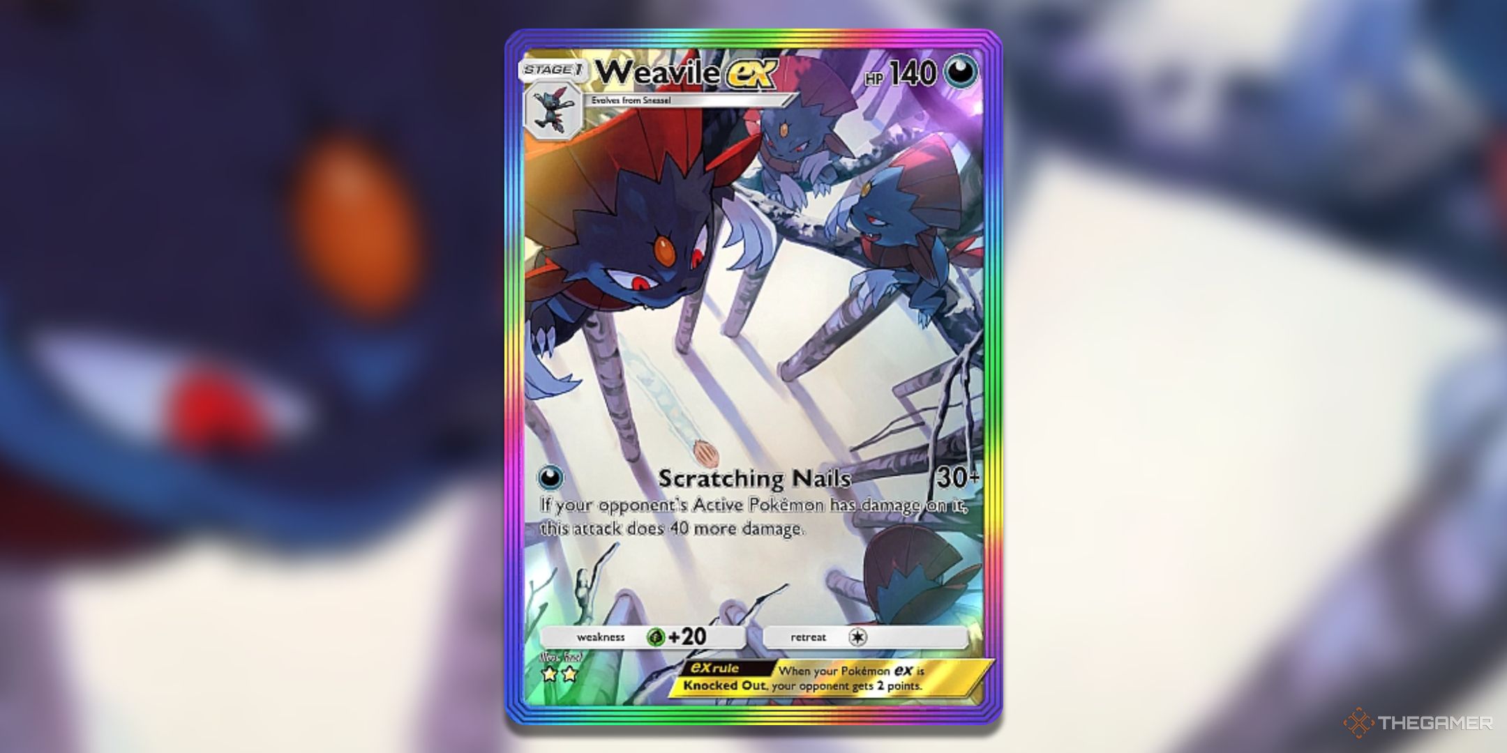 Rainbow Border Weavile ex Pokemon TCG Pocket Space Time Smackdown Card Art.