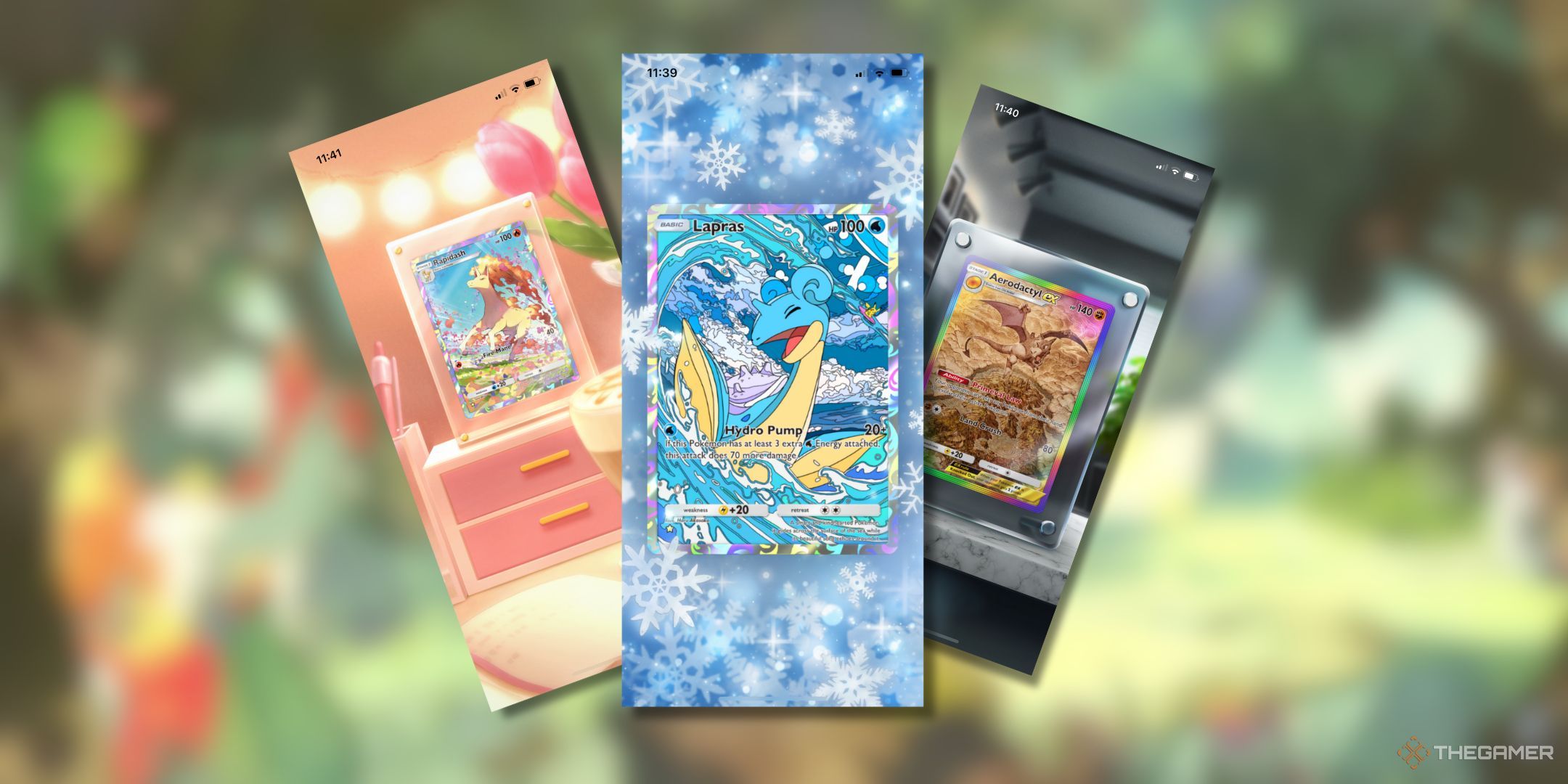 Pokemon Pocket three display boards showing off rapidash, lapras, and areodactyl ex.