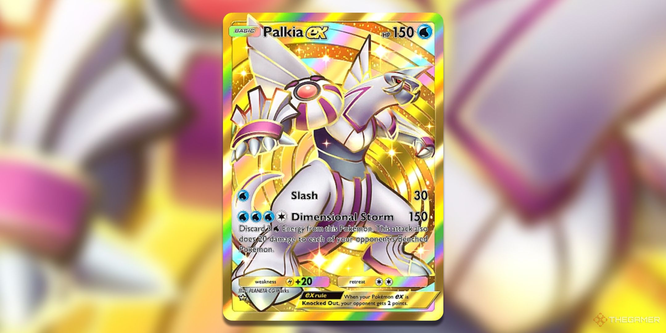 Gold rare Palkia ex Pokemon TCG Pocket Space Time Smackdown Card Art.