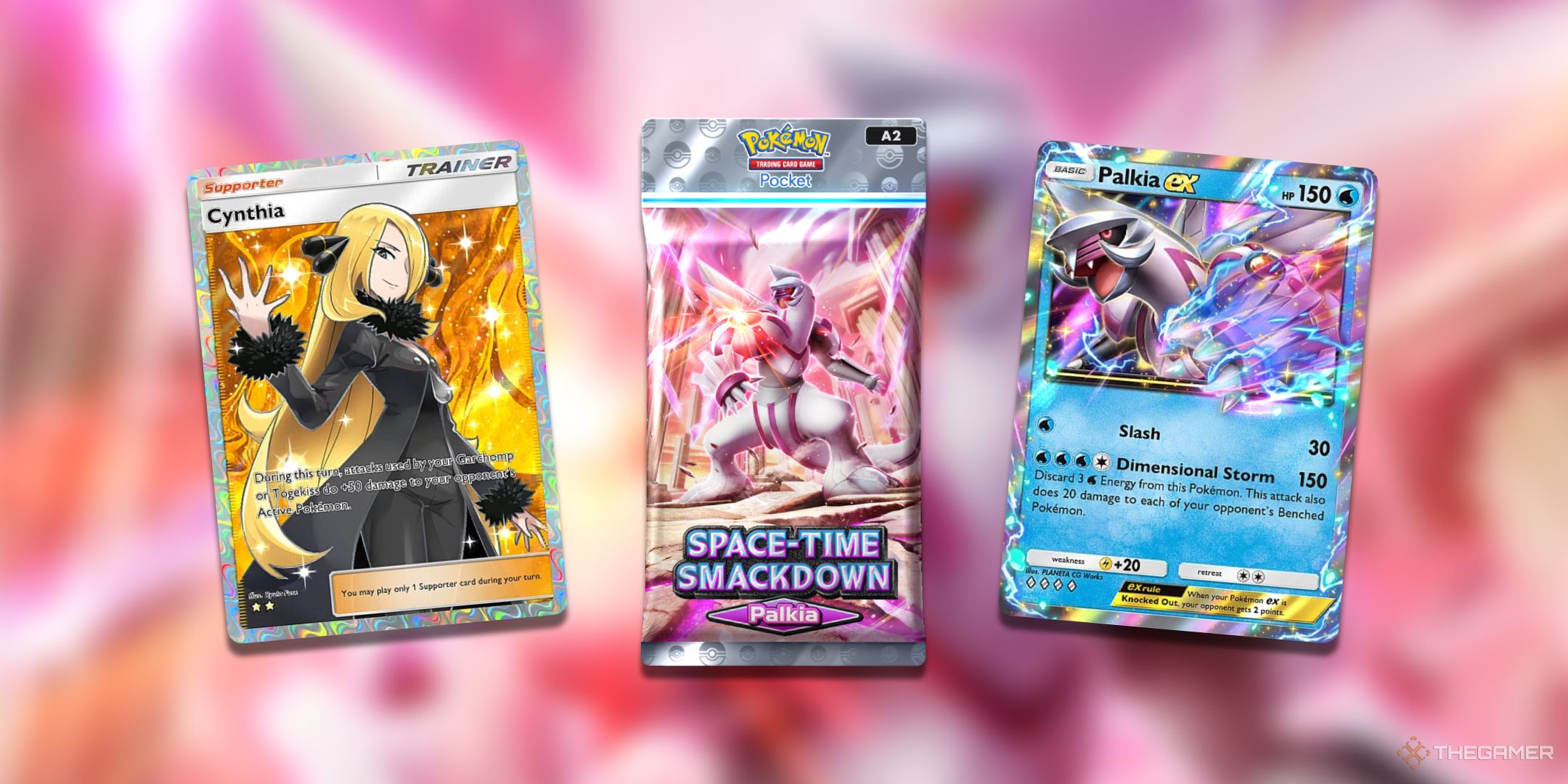 Cynthia and Palkia ex next to a Palkia pack from Pokemon TCG Pocket Space Time Smackdown.