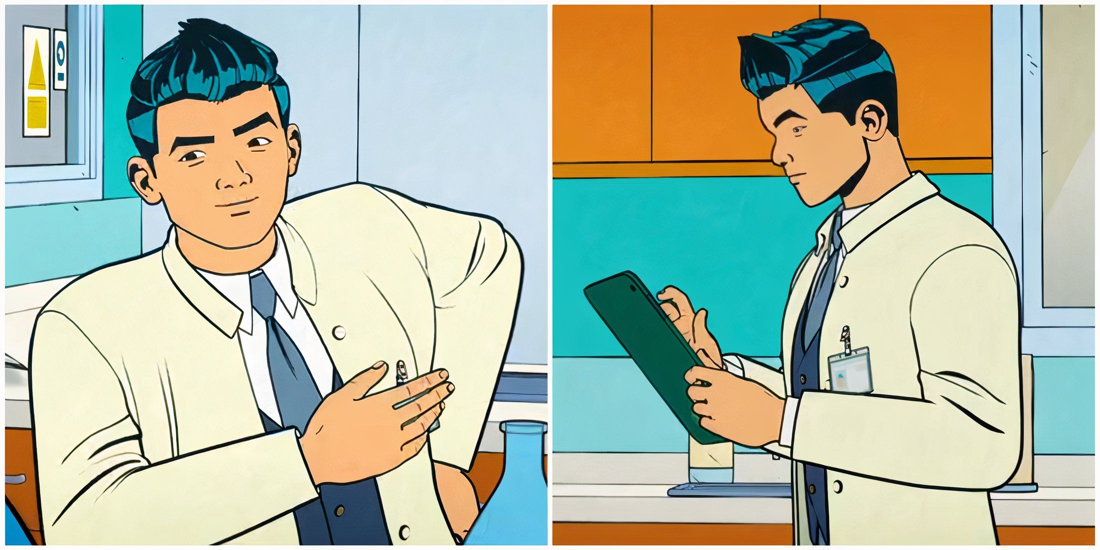 Split image of Amadeus Cho talking to Peter Parker and working on an iPad in Your Friendly Neighborhood Spider-Man