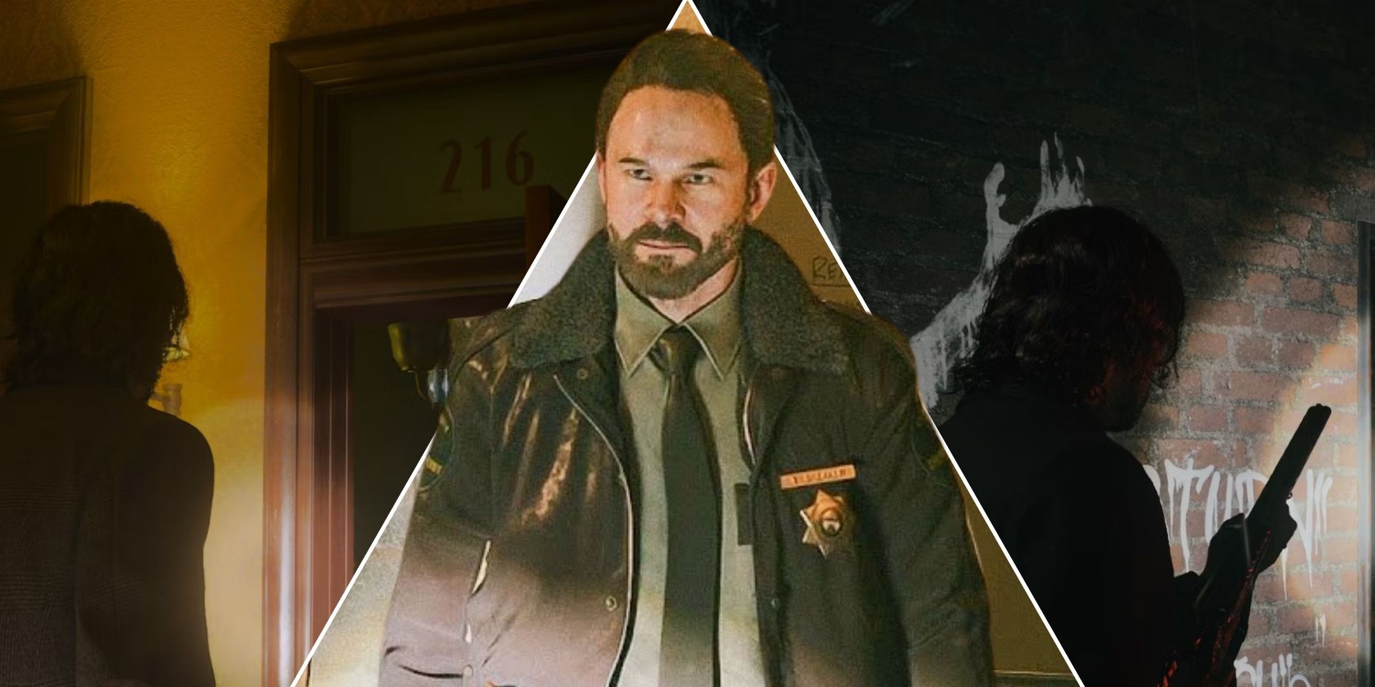 Split image of Alan Wake in hallways and Sheriff Breaker